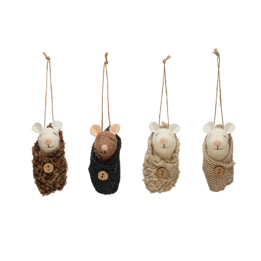 Handmade Wool Felt Baby Mouse Swaddle Ornament with Button - 4 Adorable Styles for Christmas Tree Decor, Nursery Decor, and Baby Shower Gifts