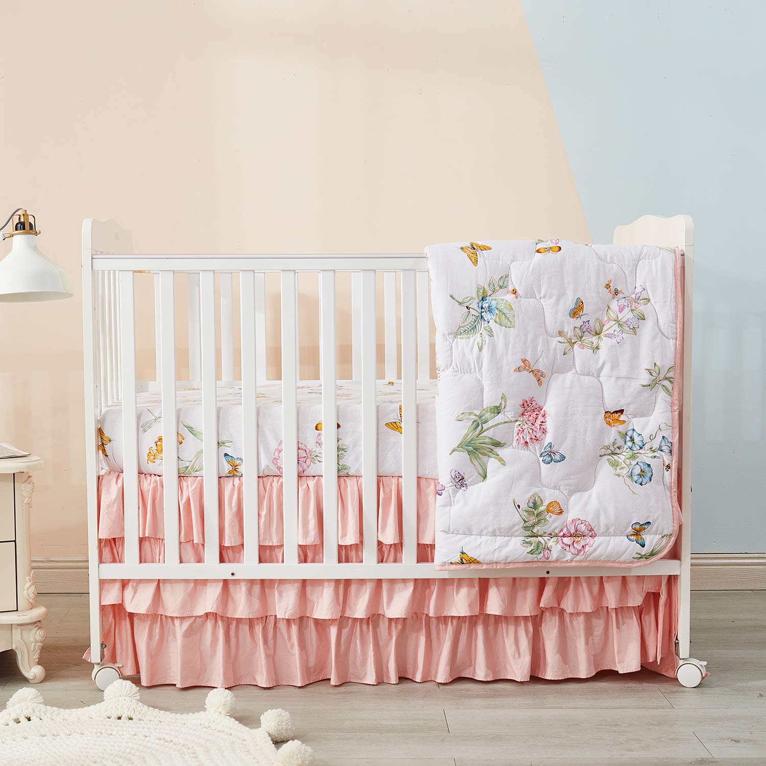 Brandream Blossom Floral Butterfly Baby Crib Bedding Set - Pink Peach Garden Theme Nursery Collection for Girls | Soft Crib Sheets, Bumper & Skirt | Perfect for Nursery Decor, Baby Shower Gift & Christmas Present