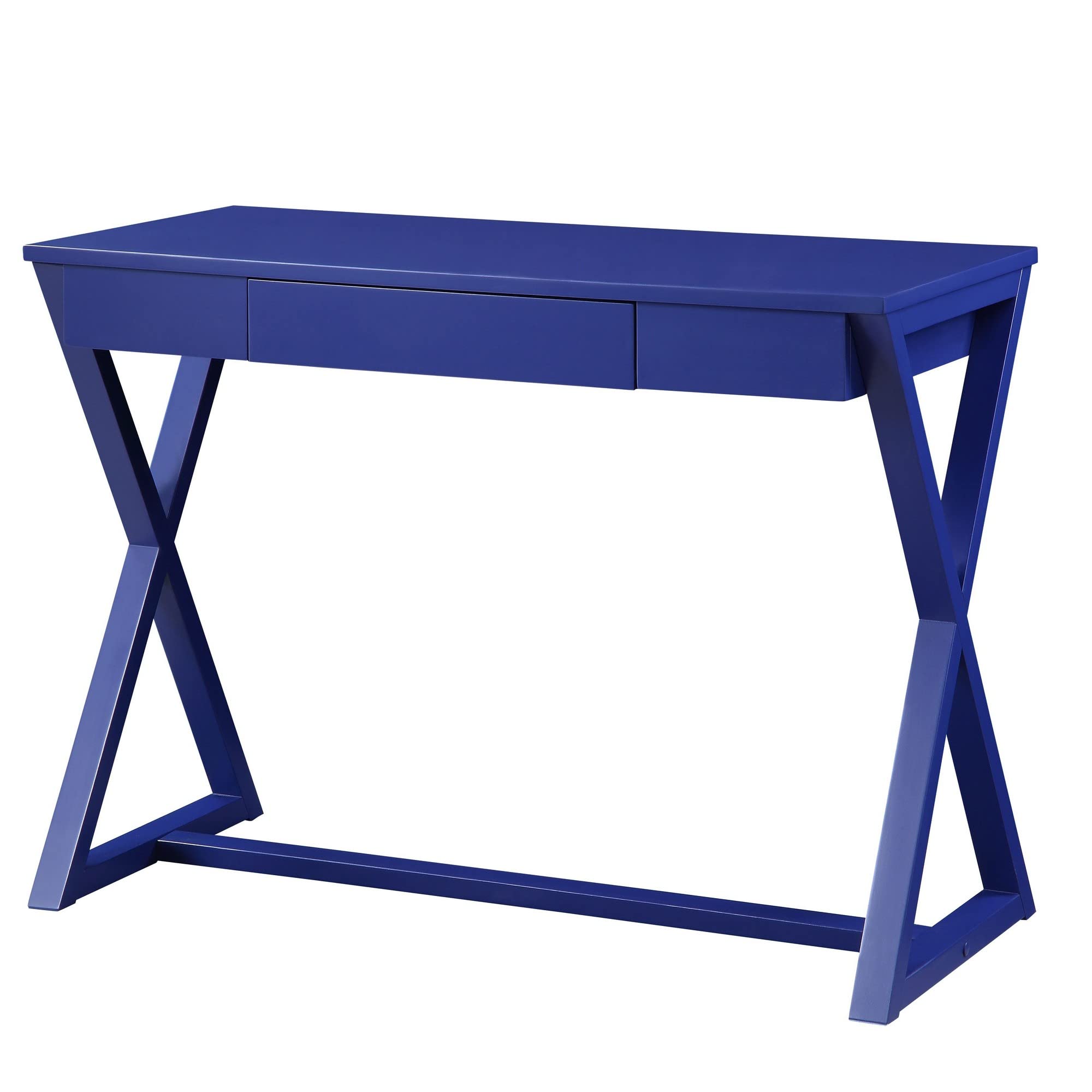 Benjara Blue Writing Desk with X-Shaped Base & Center Drawer - Home Office Furniture for Small Spaces, Study Room & Dormitory