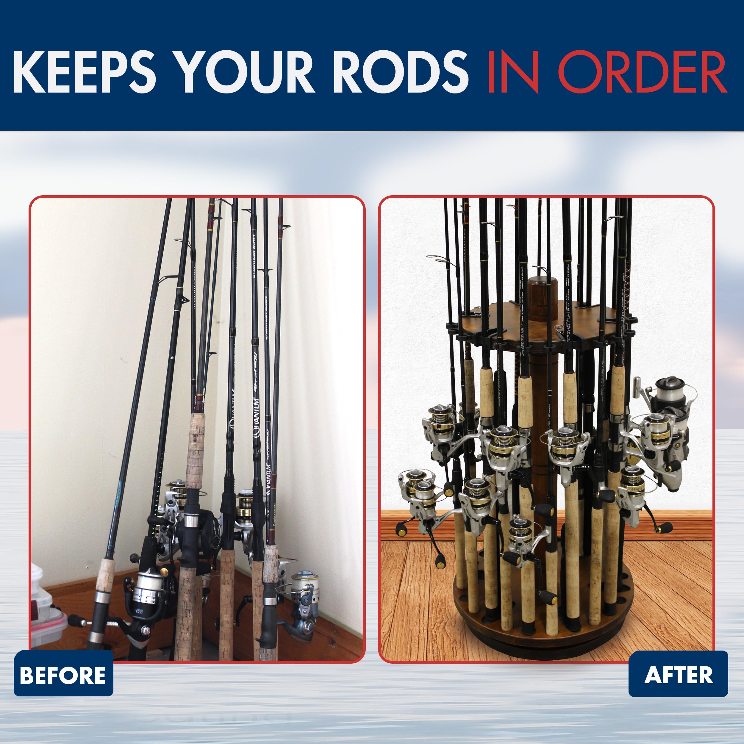 360° Spinning Fishing Rod Holder for Garage & Boat Storage - Organize Reels, Gear, Tackle Box & Accessories - Perfect for Anglers & Fishing Enthusiasts