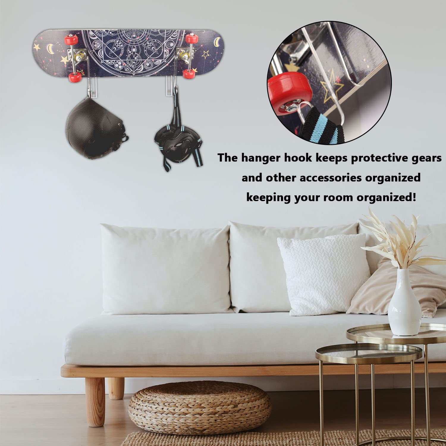 Acrylic Skateboard Wall Mount Rack with Hanger Hook - Space Saving Horizontal Design for Longboard, Penny Board & Skateboard Storage - Perfect for Garage, Bedroom & Skate Shop Organization