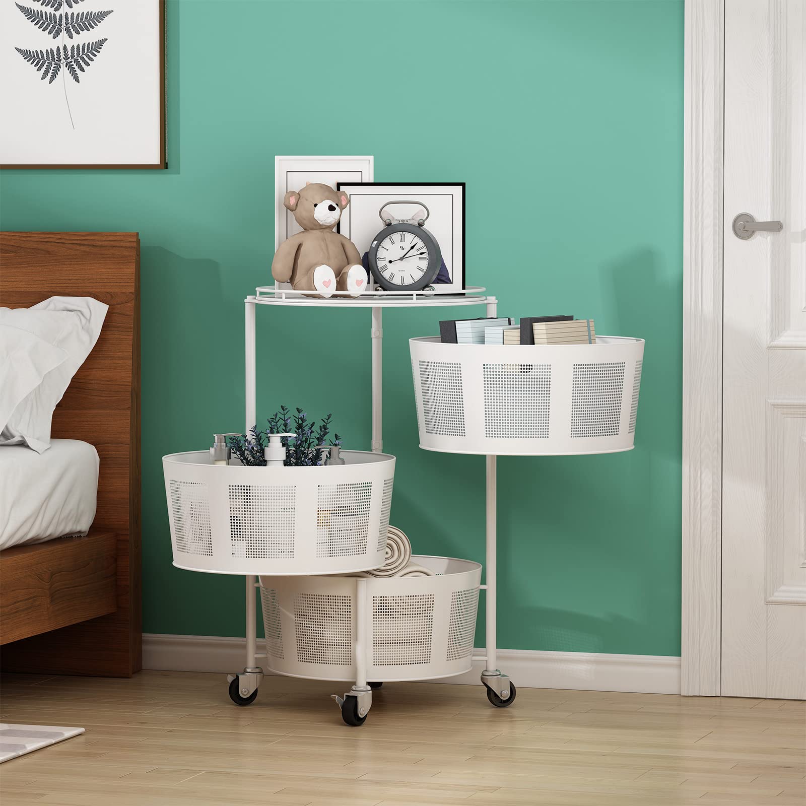 3-Tier Rotating Storage Rack with Wheels - Round Kitchen Organizer Shelf for Vegetables, Fruits & Household Items - Space-Saving Floor Standing Storage Basket for Kitchen, Living Room & Bathroom - White - Perfect for Small Spaces & Clutter-Free Organization
