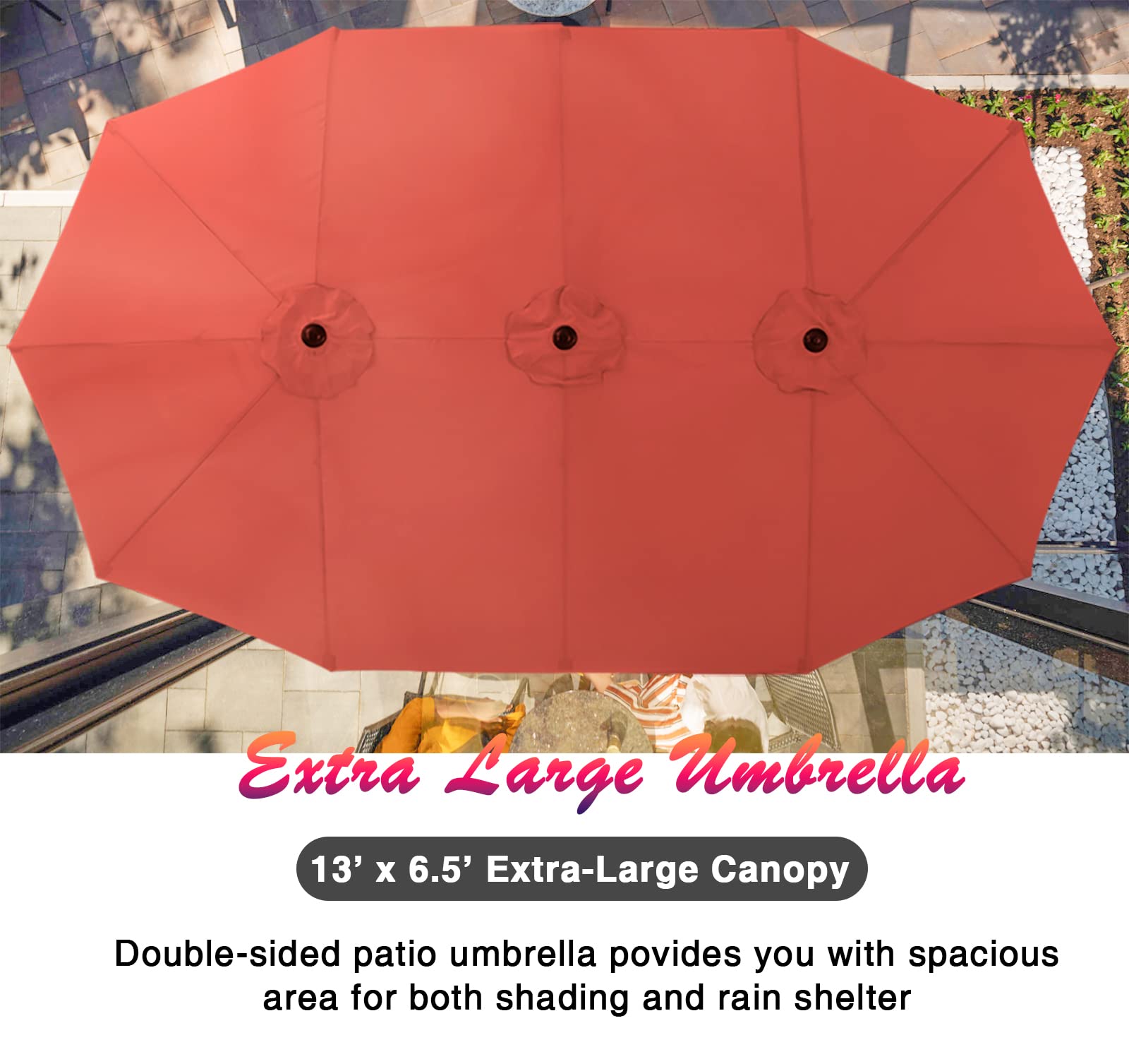 PHI VILLA 8-Piece Outdoor Patio Dining Set with 13ft Double-Sided Sun Umbrella (Orange Red) - 6 Stackable Metal Chairs & 60