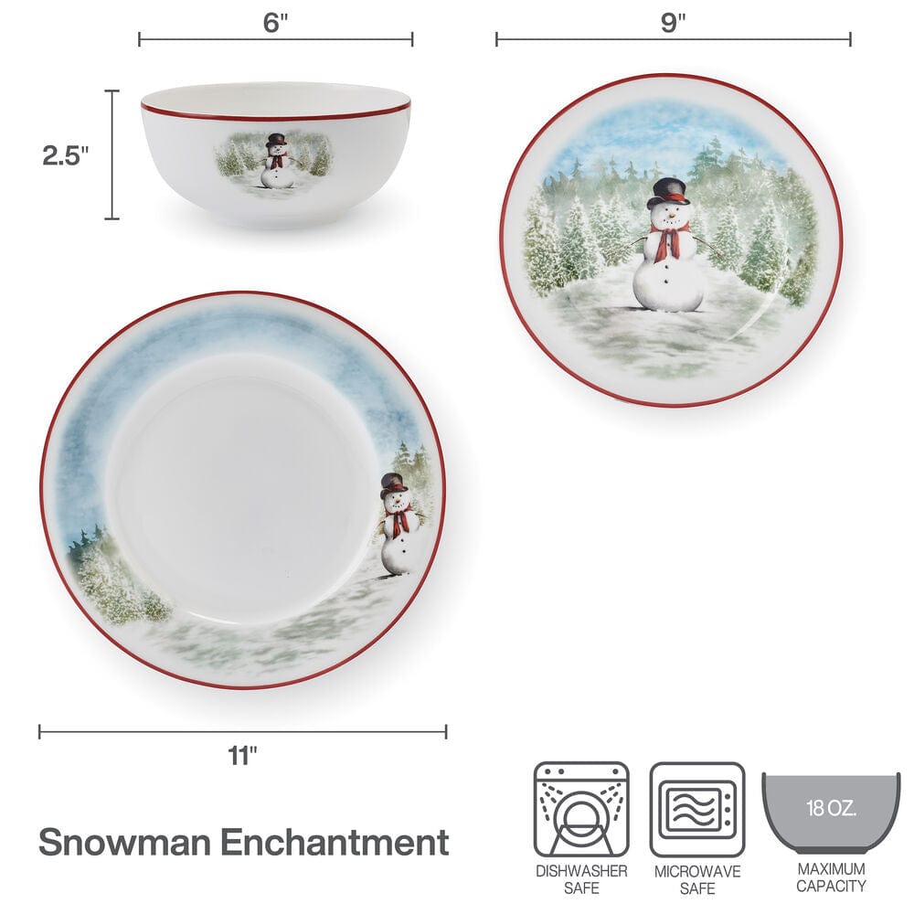 Snowman Enchantment 12-Piece Dinnerware Set - Service for 4 People - Holiday Tableware for Christmas Dinner, Winter Parties & Festive Gatherings
