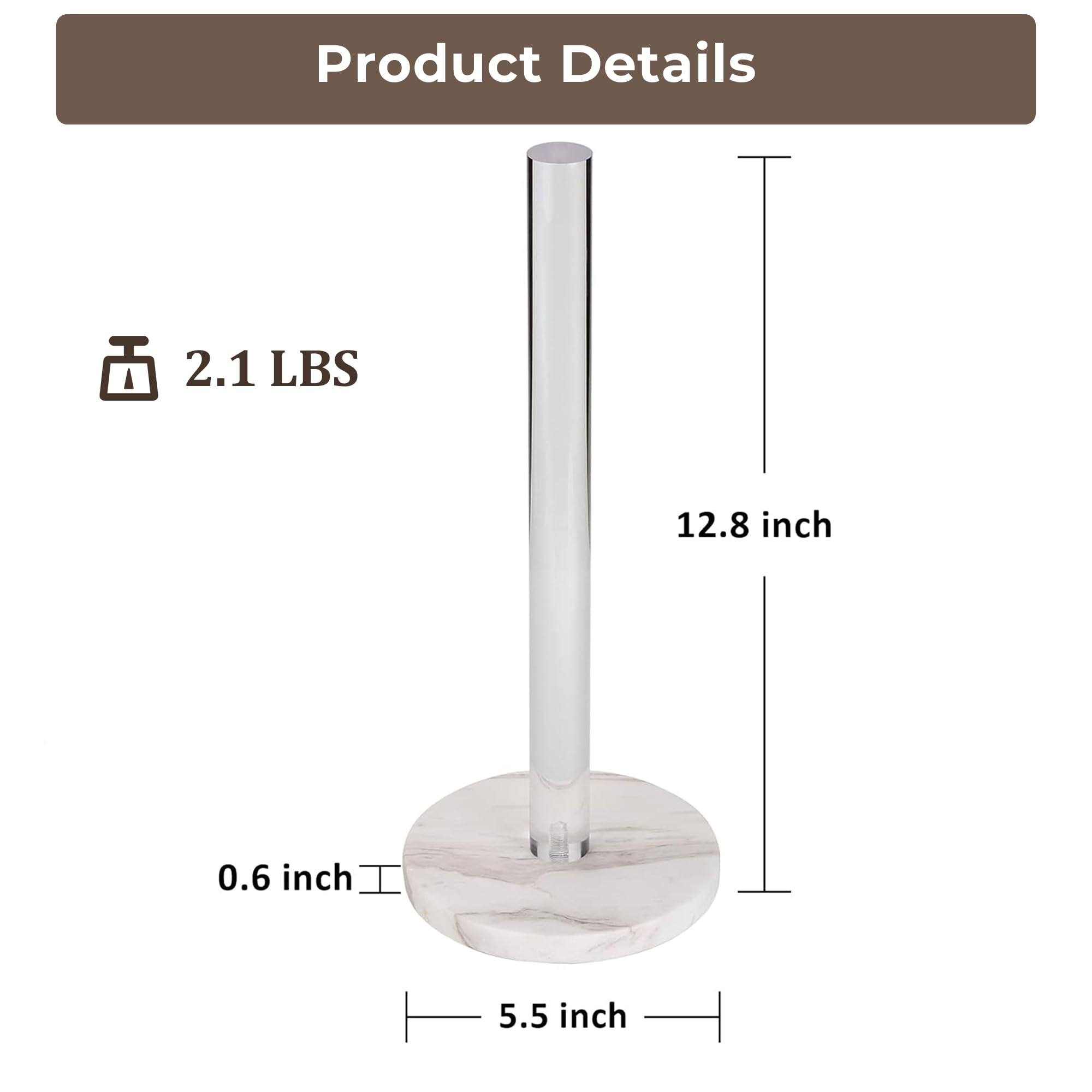 Stainless Steel Paper Towel Holder with White Marble Base - Countertop & Wall Mount Kitchen Towel Rack - 5.5