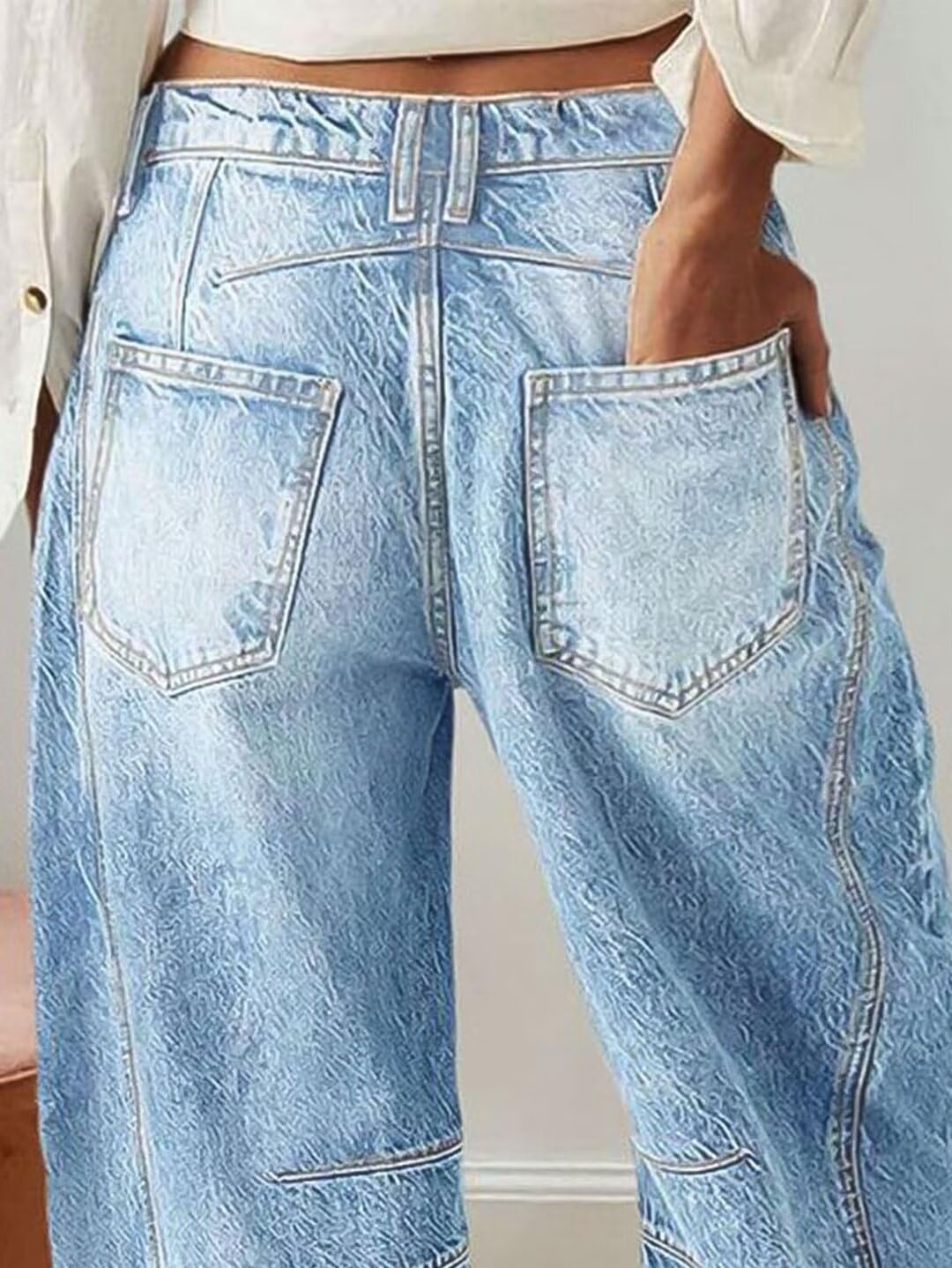 Flamingals Women's Wide Leg Mid Waist Barrel Jeans - Light Blue Denim Pants | Casual Cropped Baggy Jeans for Everyday Wear, Street Style & Weekend Outfits (Size M)