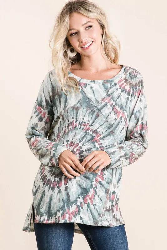 BiBi Tie Dye Terry Top with Contrast Stitching - Stylish Women's Casual Shirt for Summer Outfits, Beach Wear, and Festival Fashion