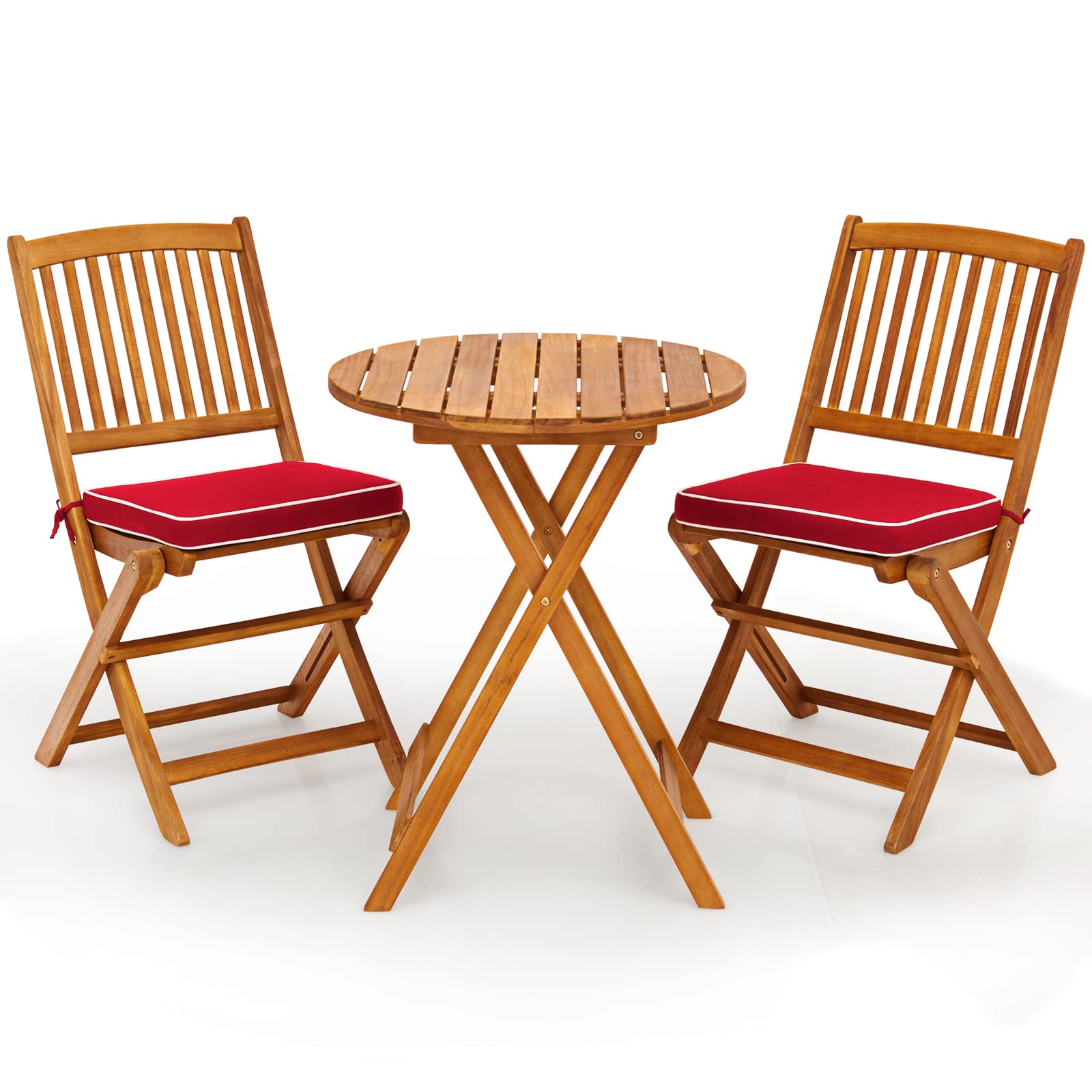 Giantex 3-Piece Patio Bistro Set - Wooden Folding Table with 2 Cushioned Chairs, Outdoor Garden Furniture for Yard, Deck, or Balcony - Natural & Red Wood Finish - Perfect for Small Spaces, Morning Coffee, and Outdoor Dining