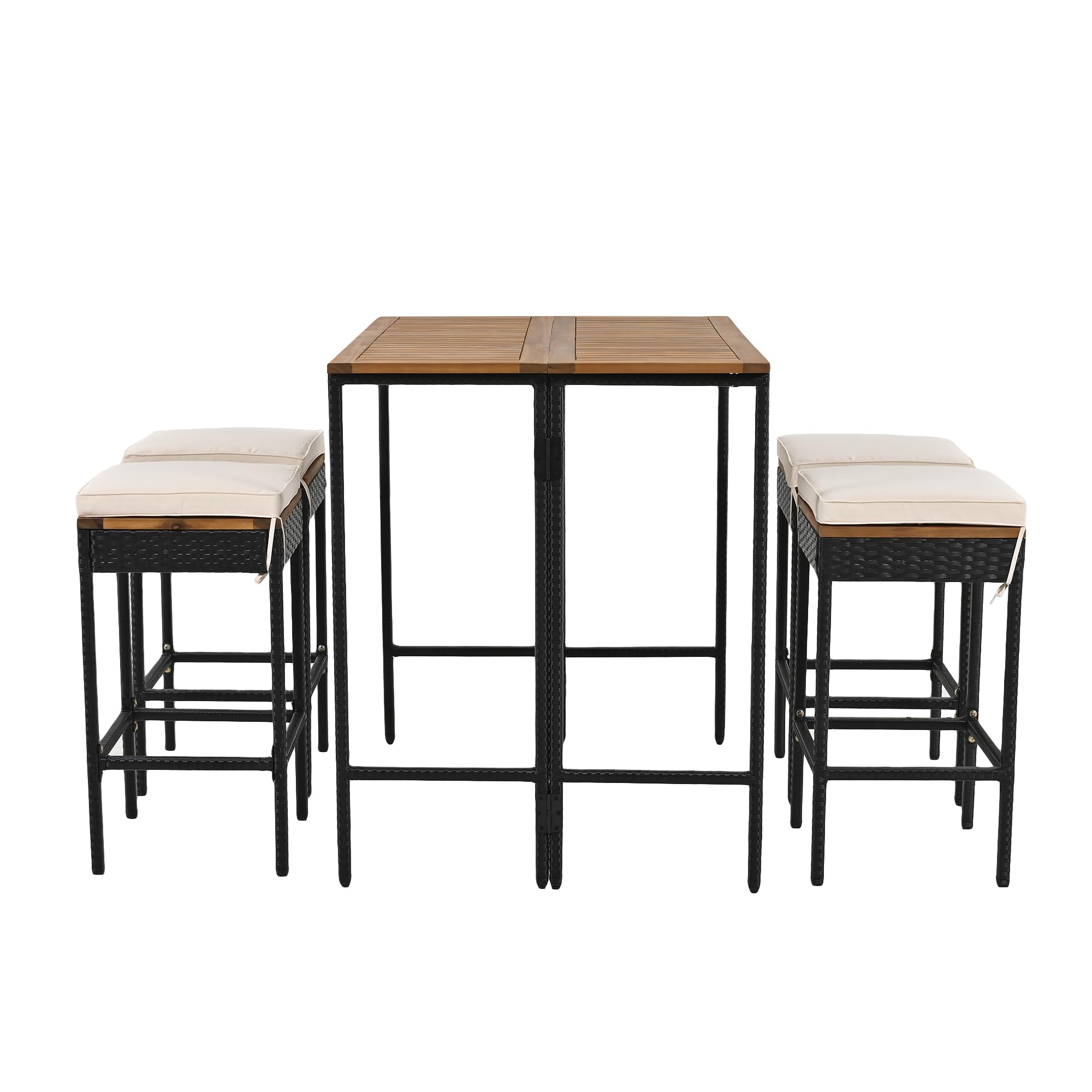 Quarte Modern 5-Piece Outdoor Patio Dining Set - PE Rattan Wicker Bar Set with 4 Square Stools & Acacia Wood Foldable Tabletop - High-Dining Bistro Set for Garden, Backyard, Balcony & Poolside Entertaining
