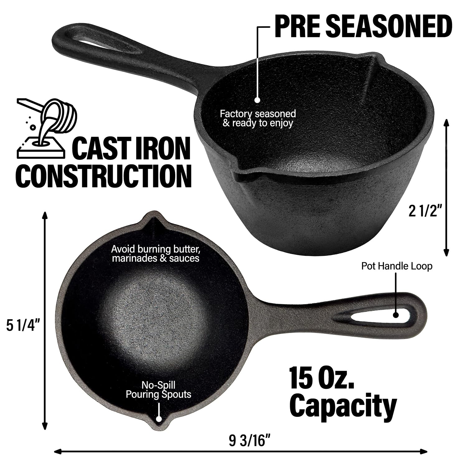 15 Oz Small Cast Iron Basting Pot with Silicone BBQ Brush – Durable Cast Iron Saucepan for Grilling, Smoking, Butter Melting – Perfect for Outdoor Cooking, Camping & Kitchen Use