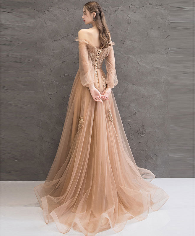 Elegant Champagne Tulle Lace Long Prom Dress for Women - Formal Evening Gown for Homecoming, Wedding, Party & Special Occasions