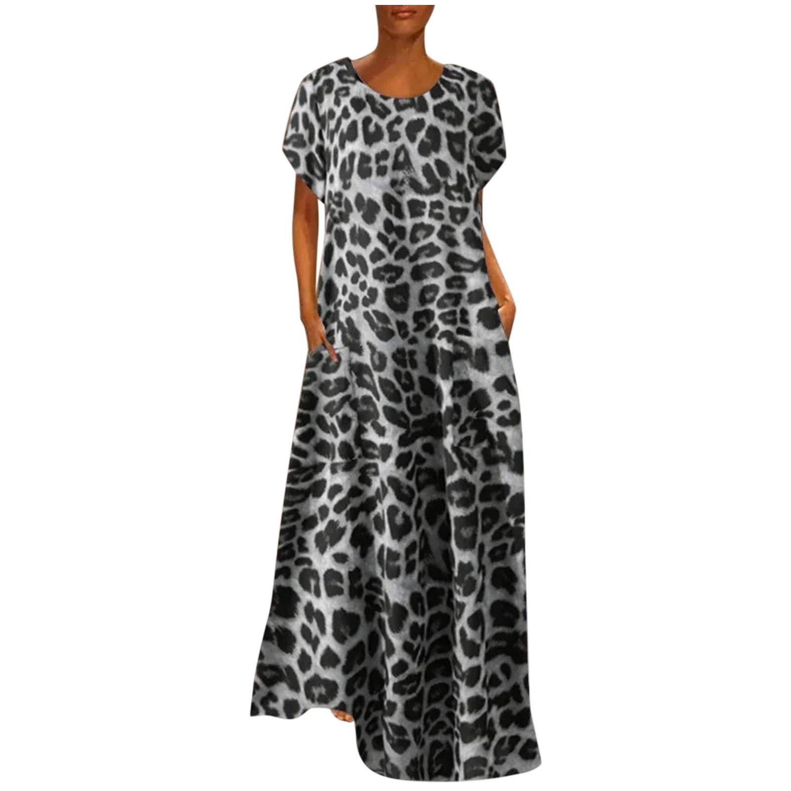 Women's Summer Maxi Dress - Short Sleeve Crew Neck Casual Loose Long Beach Dress with Leopard Print | Perfect for Vacation, Beach Outings & Summer Parties