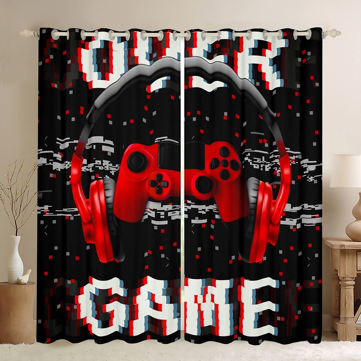 Erosebridal 3D Headset & Gaming Controller Printed Window Curtains for Bedroom & Living Room - 2 Panels (42x84 Inches) Red Gamer Drapes for Teens & Kids - Perfect for Gaming Rooms & Themed Decor
