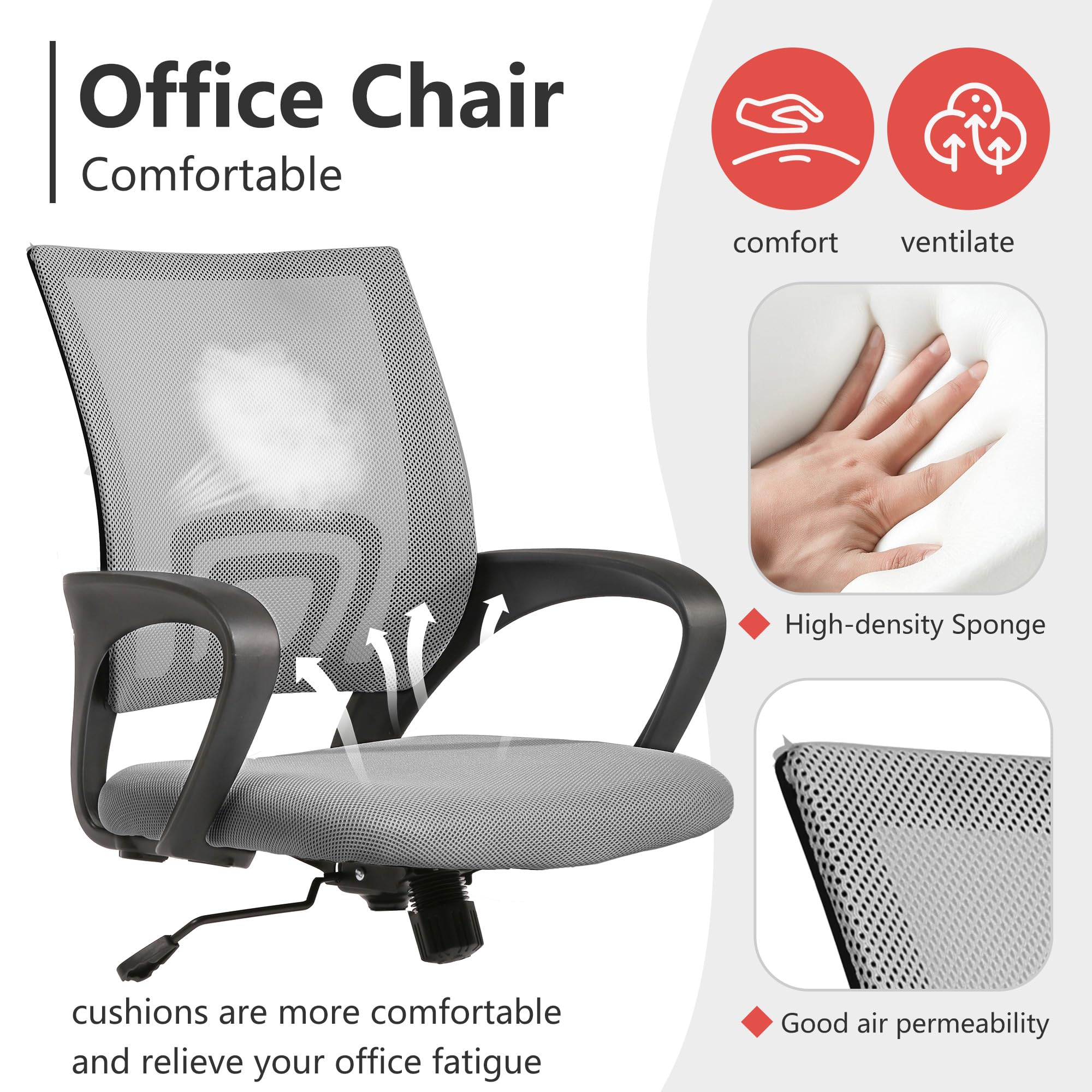 Ergonomic Office Chair with Lumbar Support - Adjustable Mid Back Computer Desk Chair, Rolling Swivel Task Chair for Home Office - Comfortable & Affordable (Grey) | Perfect for Remote Work, Gaming, and Long Hours at Your Workspace