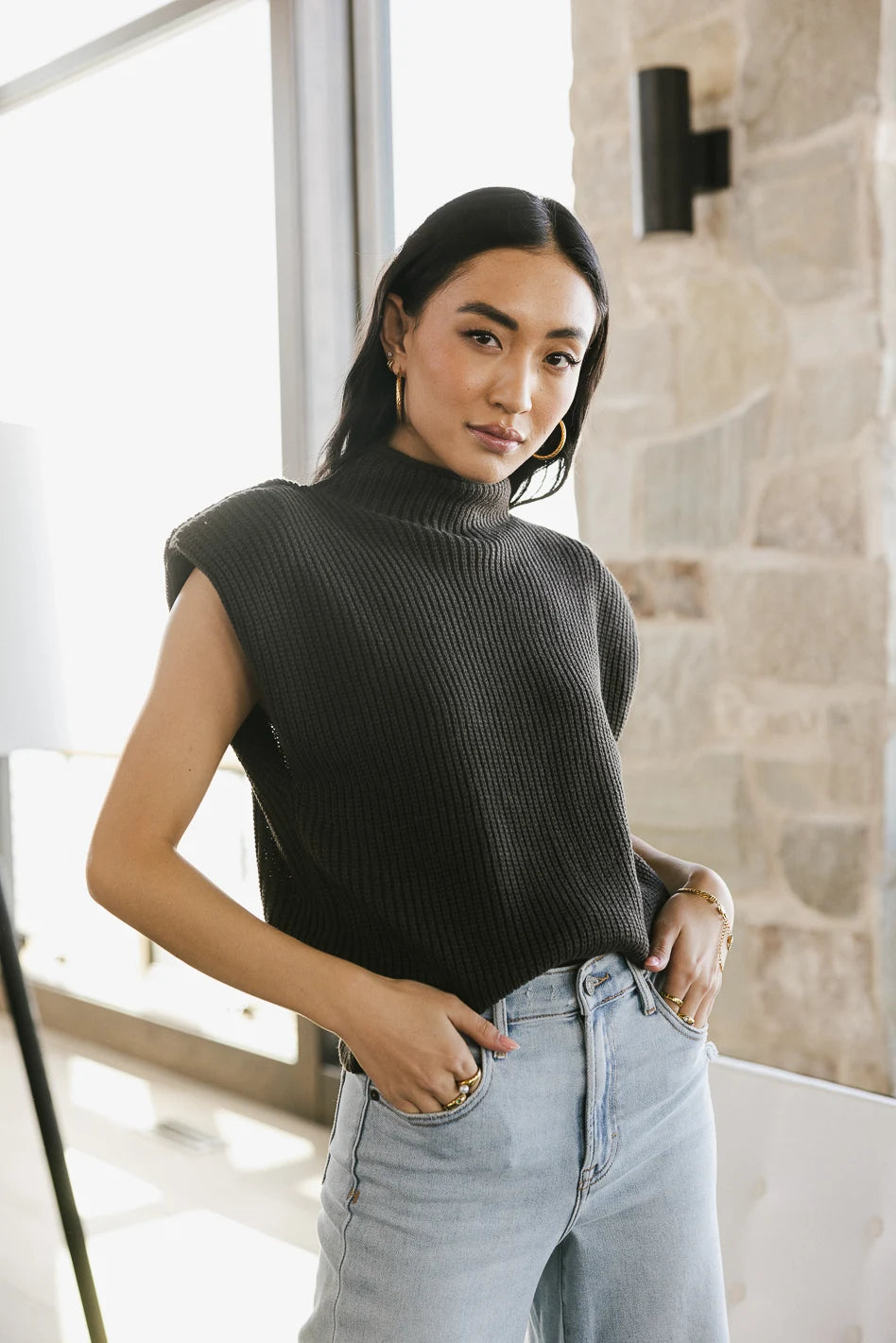 Kippa Shoulder Pad Sweater in Charcoal - Women's Fashion Knitwear | Cozy Winter Pullover for Office & Casual Outfits