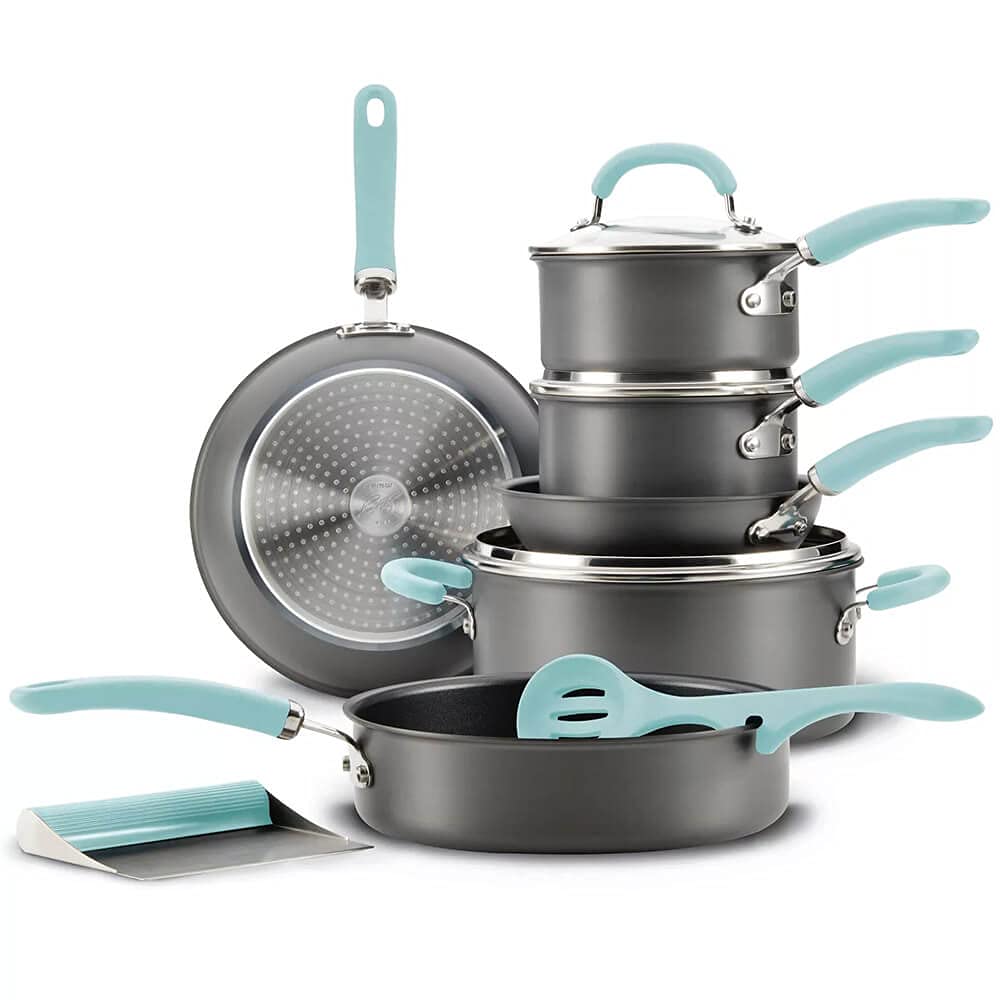 Rachael Ray 11-Piece Hard Anodized Nonstick Cookware Set with Light Blue Handles - Durable Aluminum Pots & Pans for Everyday Cooking, Frying & Baking | Perfect for Home Chefs & Kitchen Enthusiasts