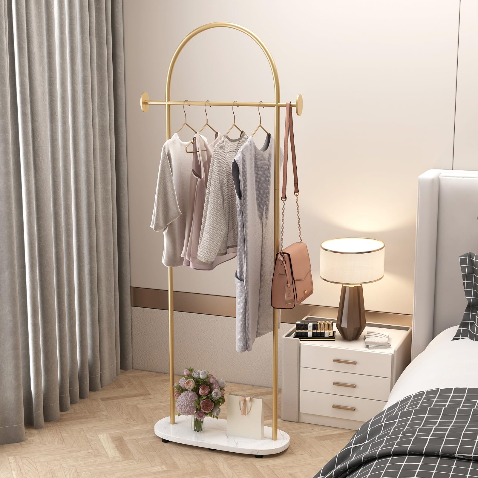 Gold Clothing Rack - Heavy Duty Freestanding Coat Rack with Shelf & Hooks | Modern Metal Garment Hanger Stand for Boutique, Office & Home Organization | Perfect for Closet Storage, Retail Display & Bedroom Decor