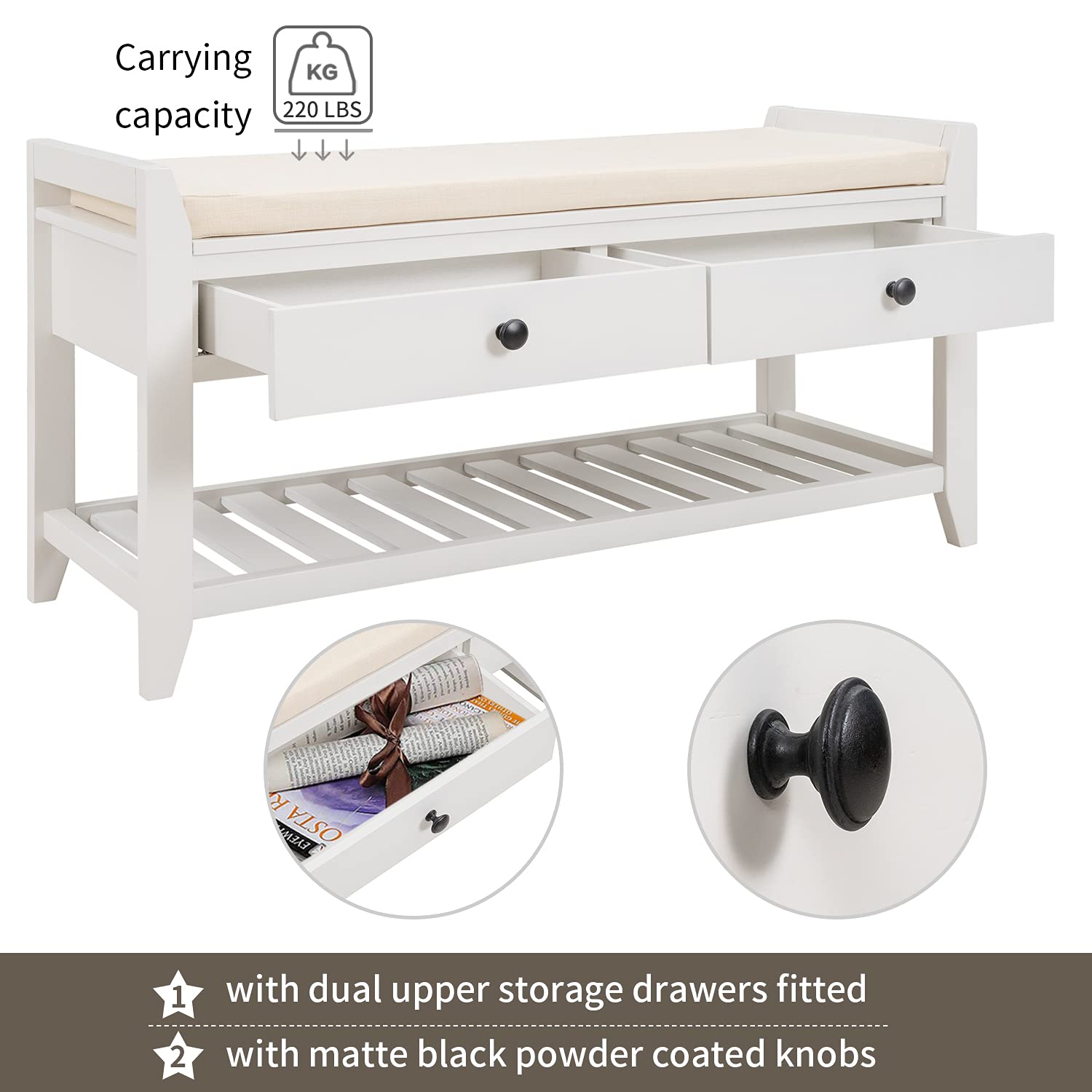 Multipurpose Storage Bench with Cushioned Seat & Drawers - White Entryway Shoe Rack Organizer for Hallway, Bedroom, or Mudroom Storage Solution