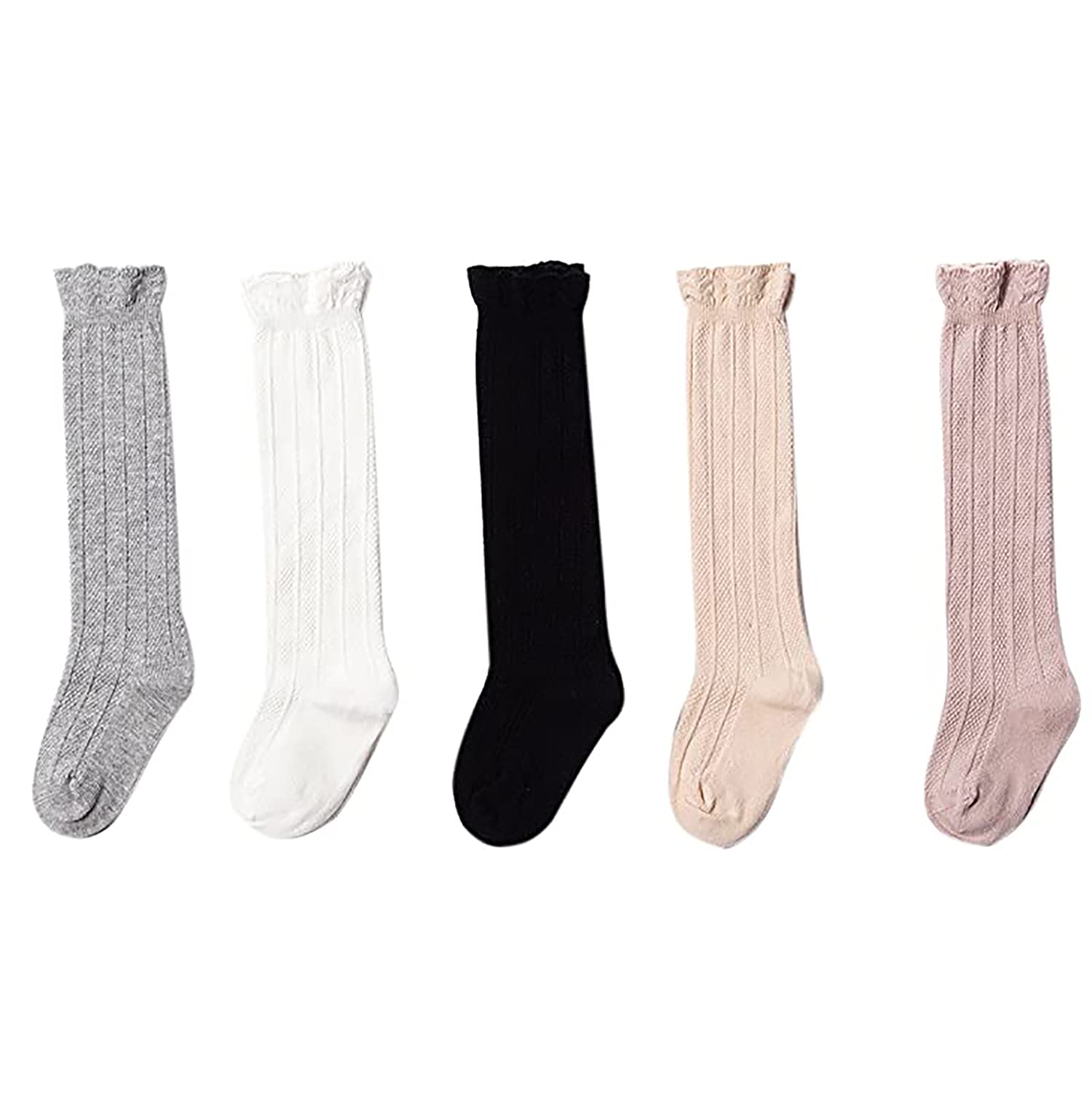 Jiuhong Baby Girl & Boy Lace Stockings - Soft Cotton Knit Knee-High Socks (5 Pairs) - Perfect for Newborn Photoshoots, Special Occasions & Everyday Wear