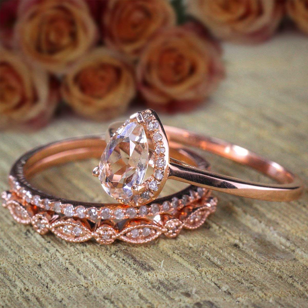 2.25 Carat Pear Shape Morganite & Diamond Halo Trio Bridal Wedding Ring Set in 18K Gold Plating - Elegant Engagement & Anniversary Jewelry Gift for Her