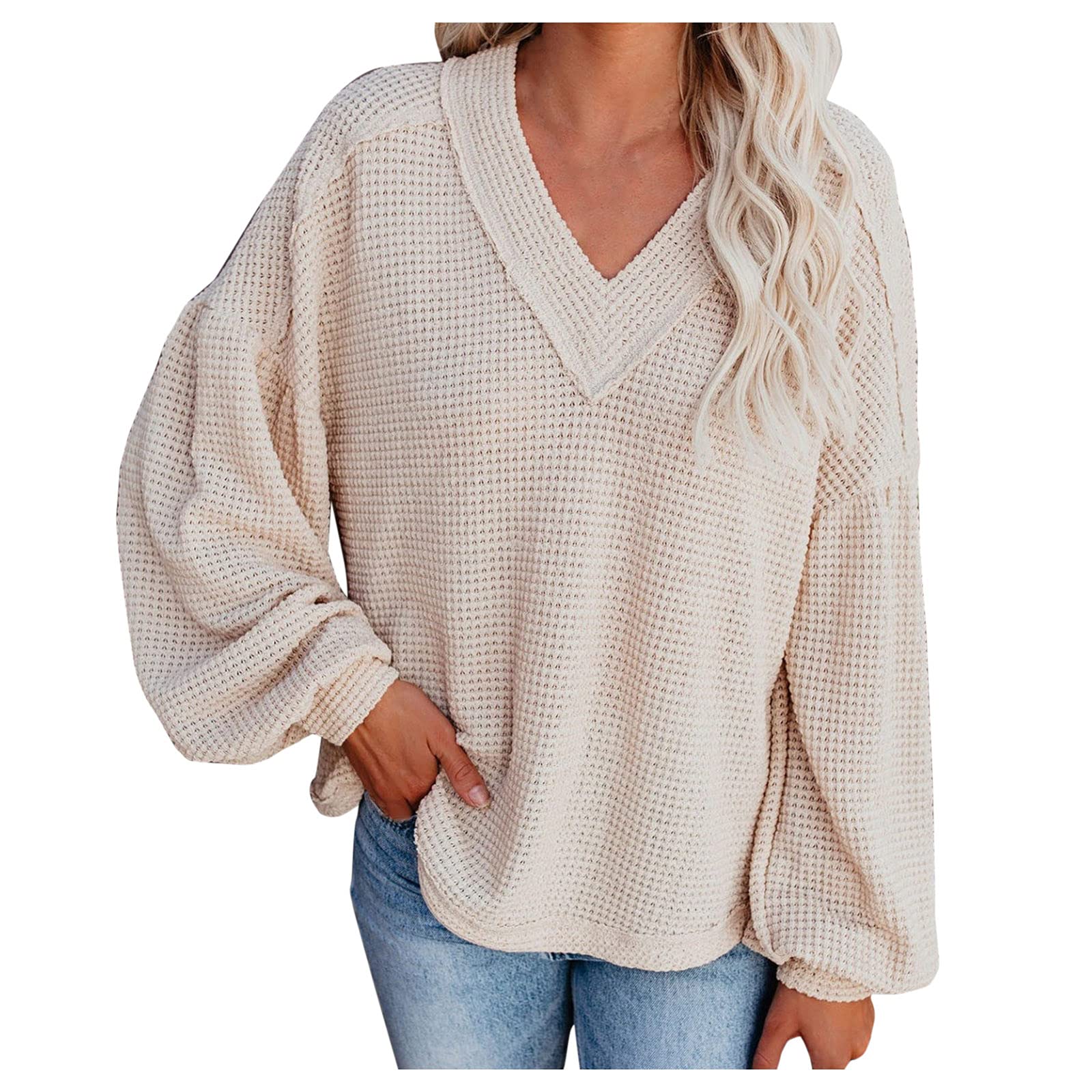 Women's Casual V Neck Ribbed Knit Pullover Tunic Top - Loose Fit Balloon Sleeve Blouse in Solid Colors | Perfect for Work, Date Night & Everyday Wear