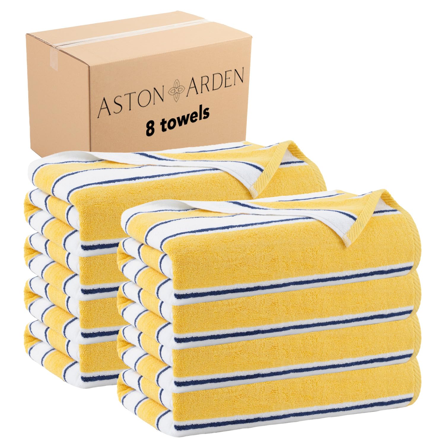 Aston & Arden Striped Beach Towel Set of 8 - Oversized 35x70 Inch Soft Plush 600 GSM Heavy Cotton Towels for Pool, Resort & Hot Tub - Yellow & Navy Stripes - Perfect for Beach Lounging, Vacation Essentials & Spa Days