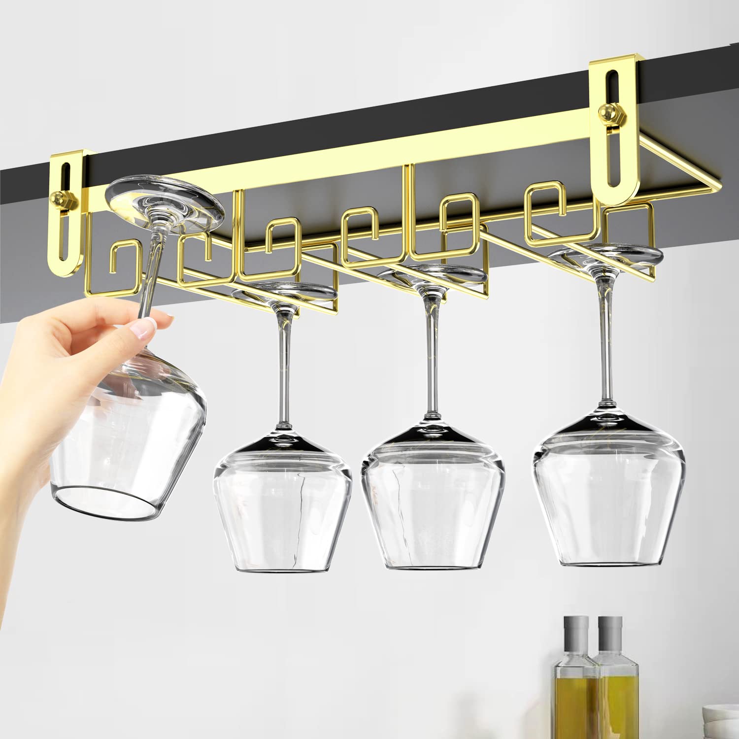 Gold Under Cabinet Wine Glass Rack - Stemware Holder for Kitchen Shelves & Bars - Space-Saving Wine Glass Hanger for Organized Storage & Easy Access