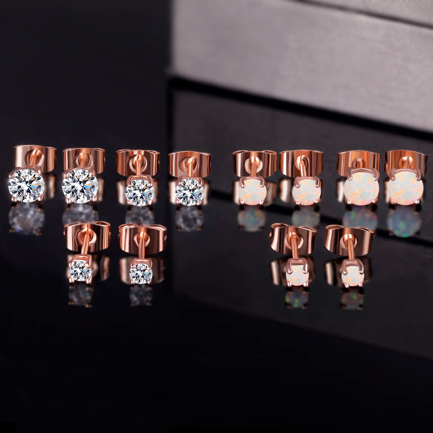 6 Pairs Hypoallergenic Gold Plated Opal Stud Earrings for Women - Dainty Jewelry Set for Everyday Wear, Gift Giving & Special Occasions