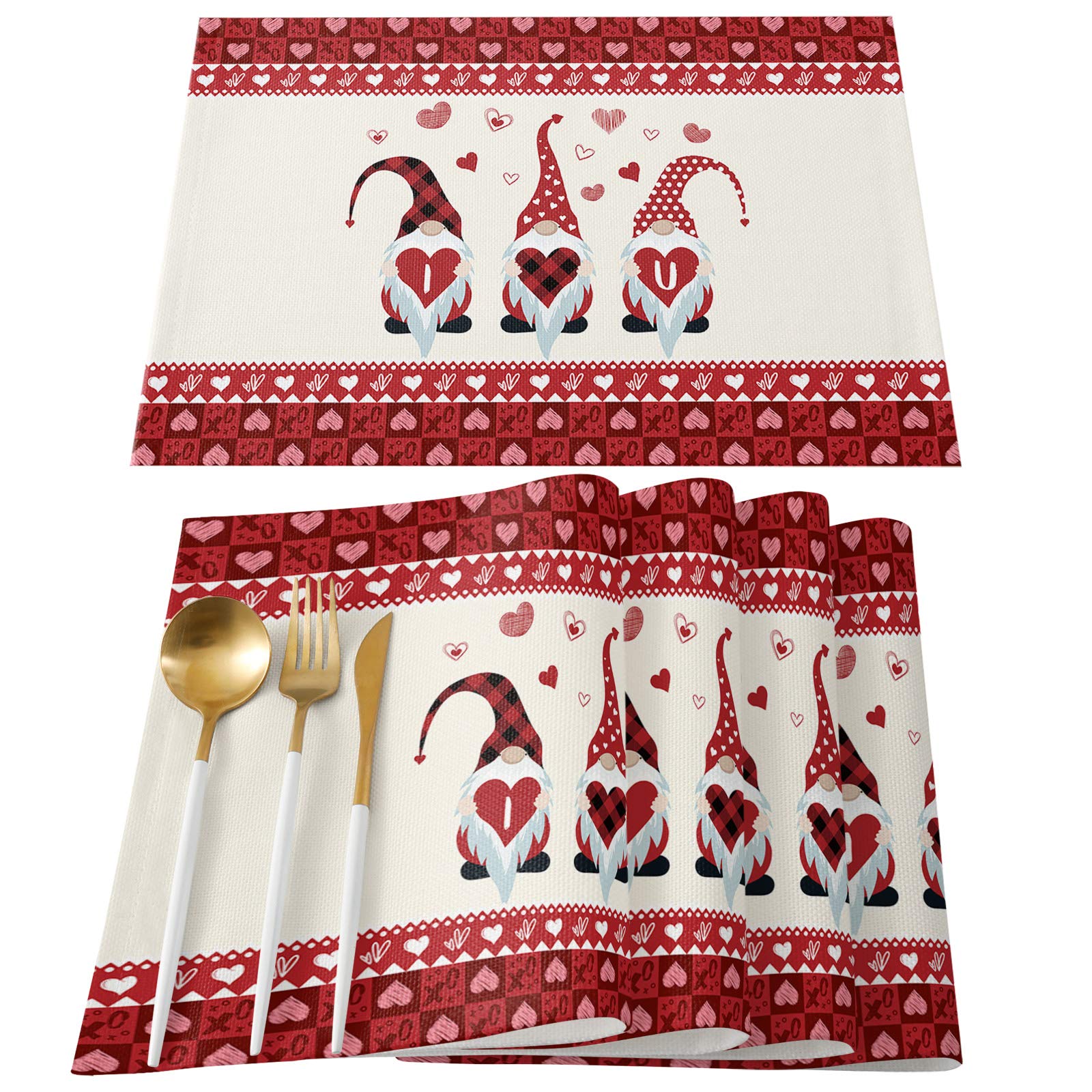 Hostline 6-Piece Valentine's Day Placemats Set - Heart Design Waterproof Table Mats for Dining Table Decor, Romantic Dinner, Kitchen & Party Use