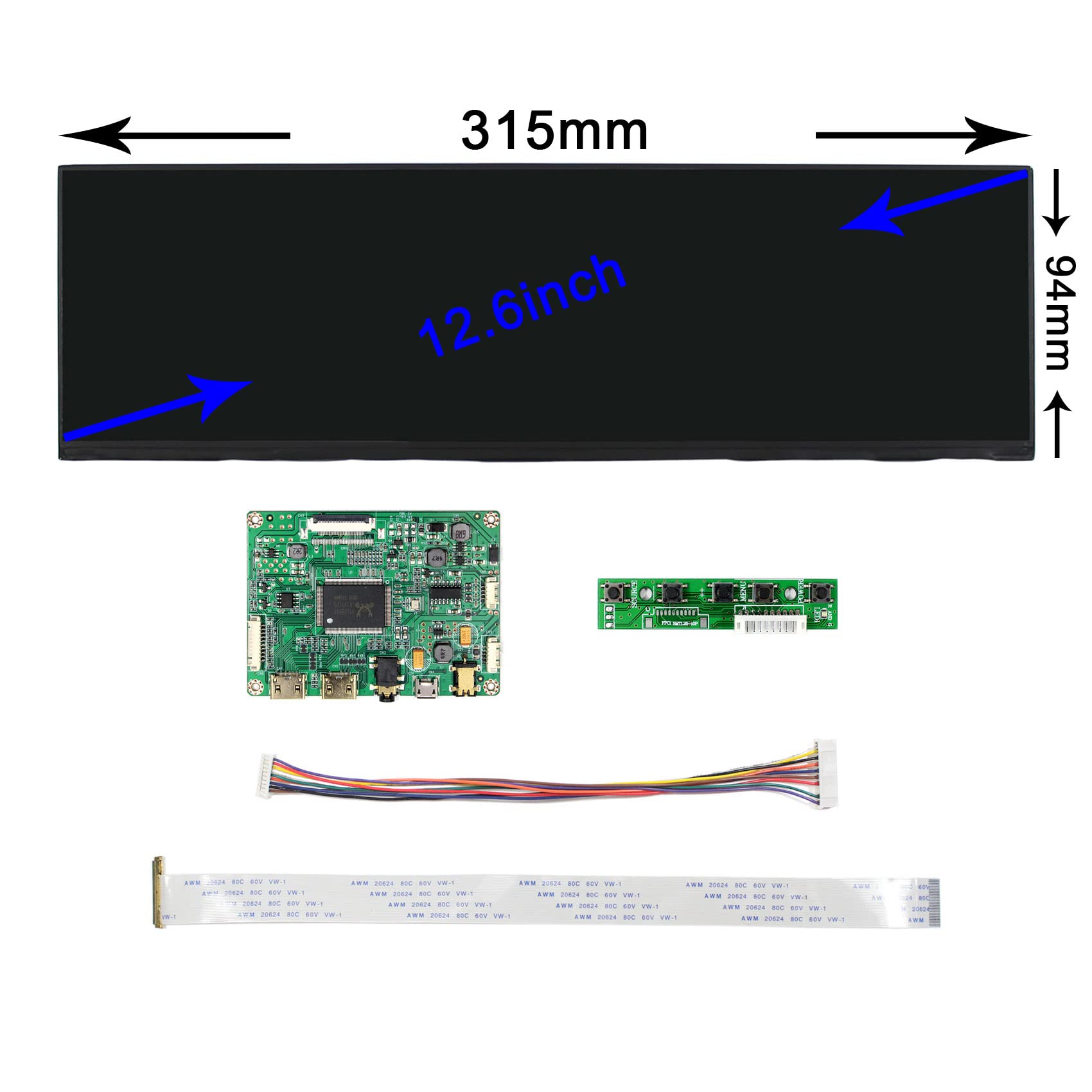 12.6 inch 1920x515 eDP IPS LCD Screen NV126B5M-N41 with 2 Mini HDMI & Micro USB Controller Board - DIY Replacement Display for PC, Laptop, Raspberry Pi Projects & Custom Monitor Builds