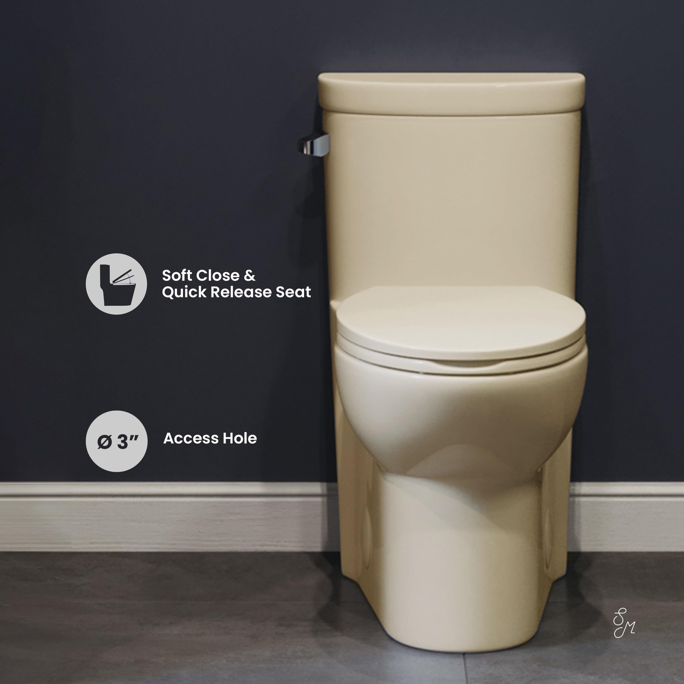 Swiss Madison SM-1T206BQ Sublime One-Piece Elongated Toilet with Left-Side Flush Handle | 1.28 GPF Water-Saving Design in Bisque Color | Perfect for Modern Bathrooms, Small Spaces & Eco-Friendly Homes