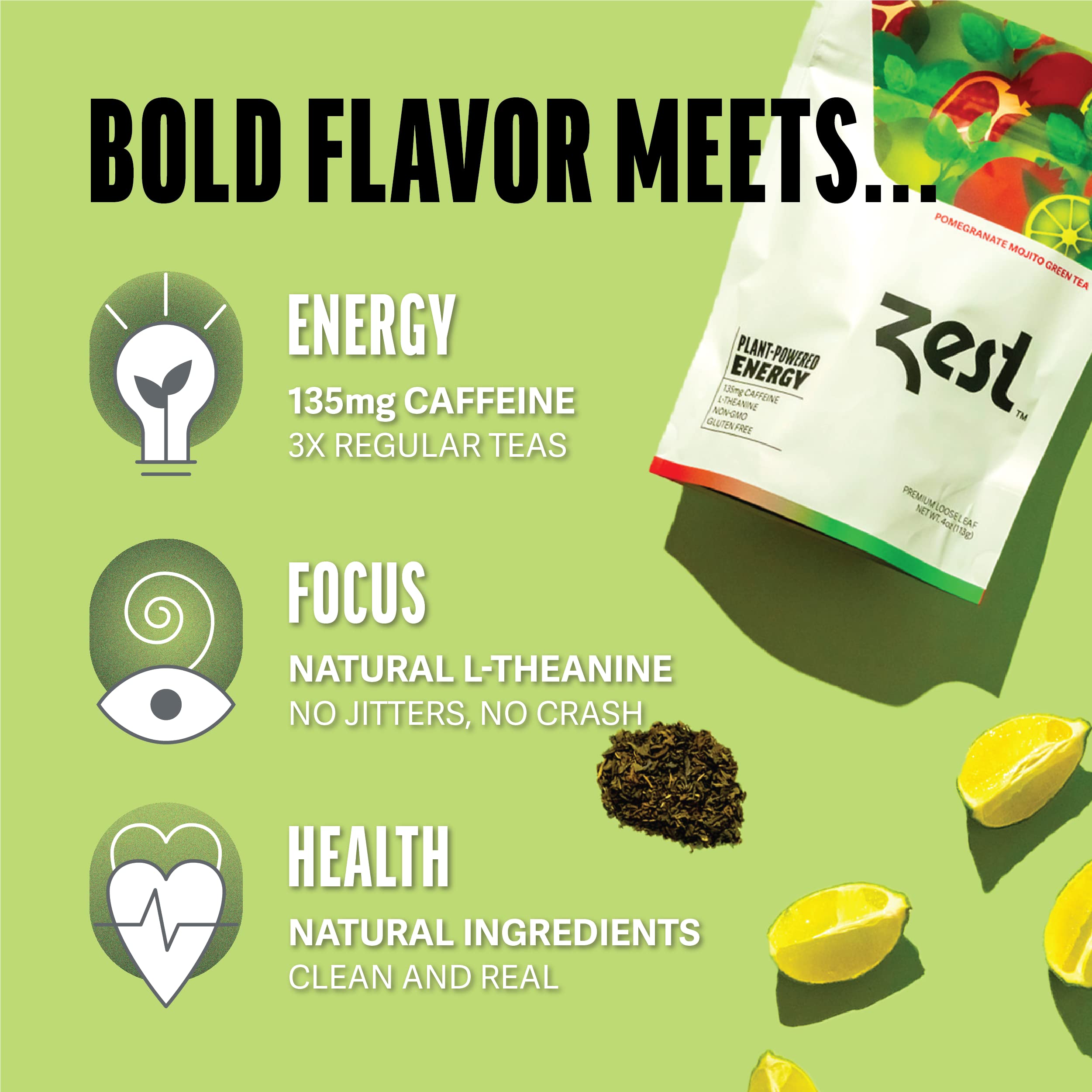 Zest 135mg High Caffeine Energy Loose Leaf Green Tea - Pomegranate Mojito Flavor, 4 Oz | All Natural, Strong Flavored Healthy Coffee Alternative | Highly Caffeinated, Keto-Friendly | Perfect for Morning Boost, Workout Energy & Study Focus