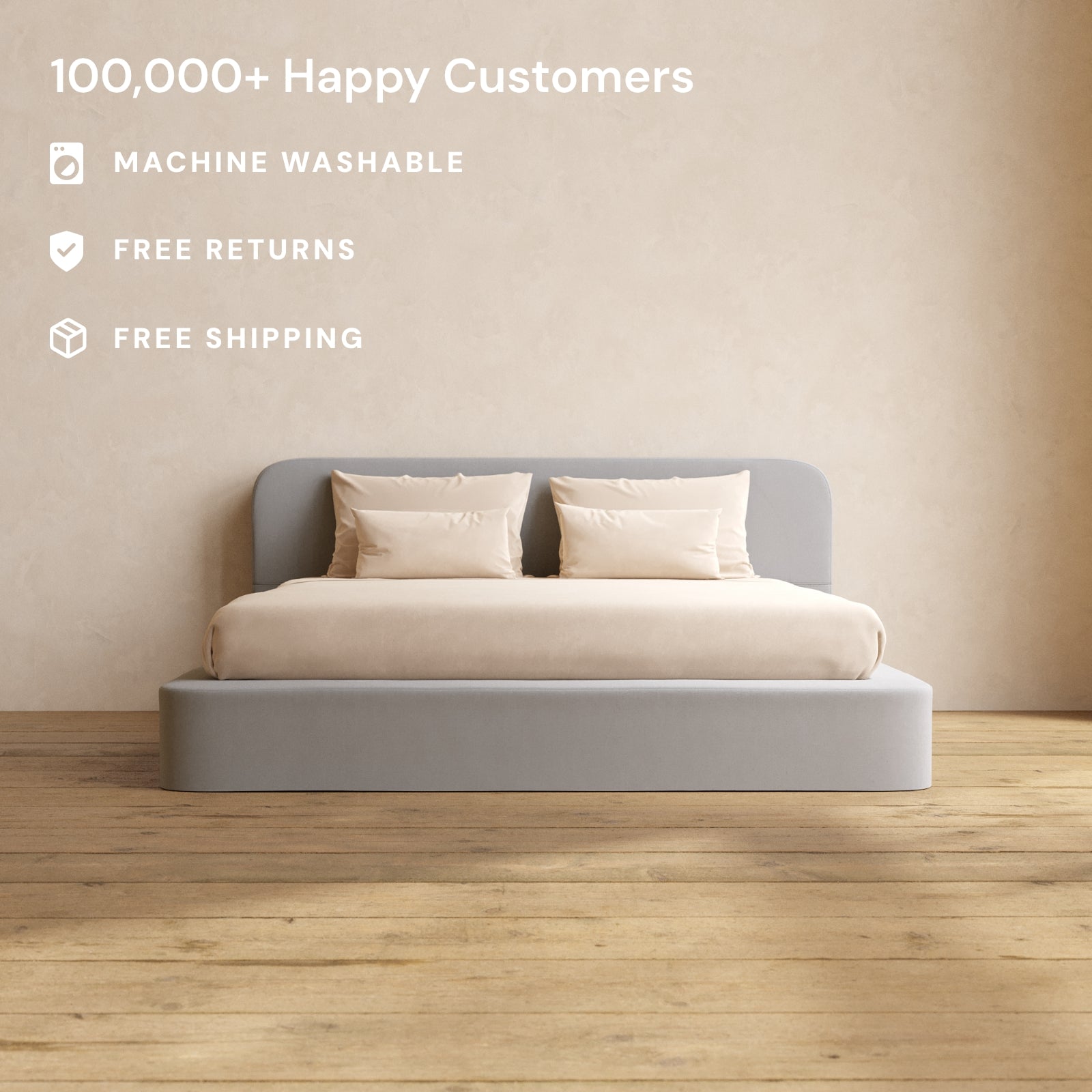 King Upholstered Platform Bed with Headboard - Micro Chenille Fabric in Pumice Color | Modern Bedroom Furniture for Master & Guest Rooms
