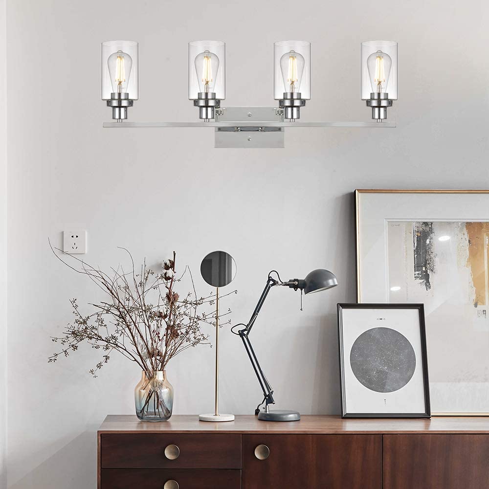 4-Light Modern Bathroom Vanity Light Fixture - Chrome Finish with Clear Glass Shade - Wall Mount Mirror Lighting for Bedroom, Dressing Table & Vanity (Perfect for Makeup Application & Home Decor)