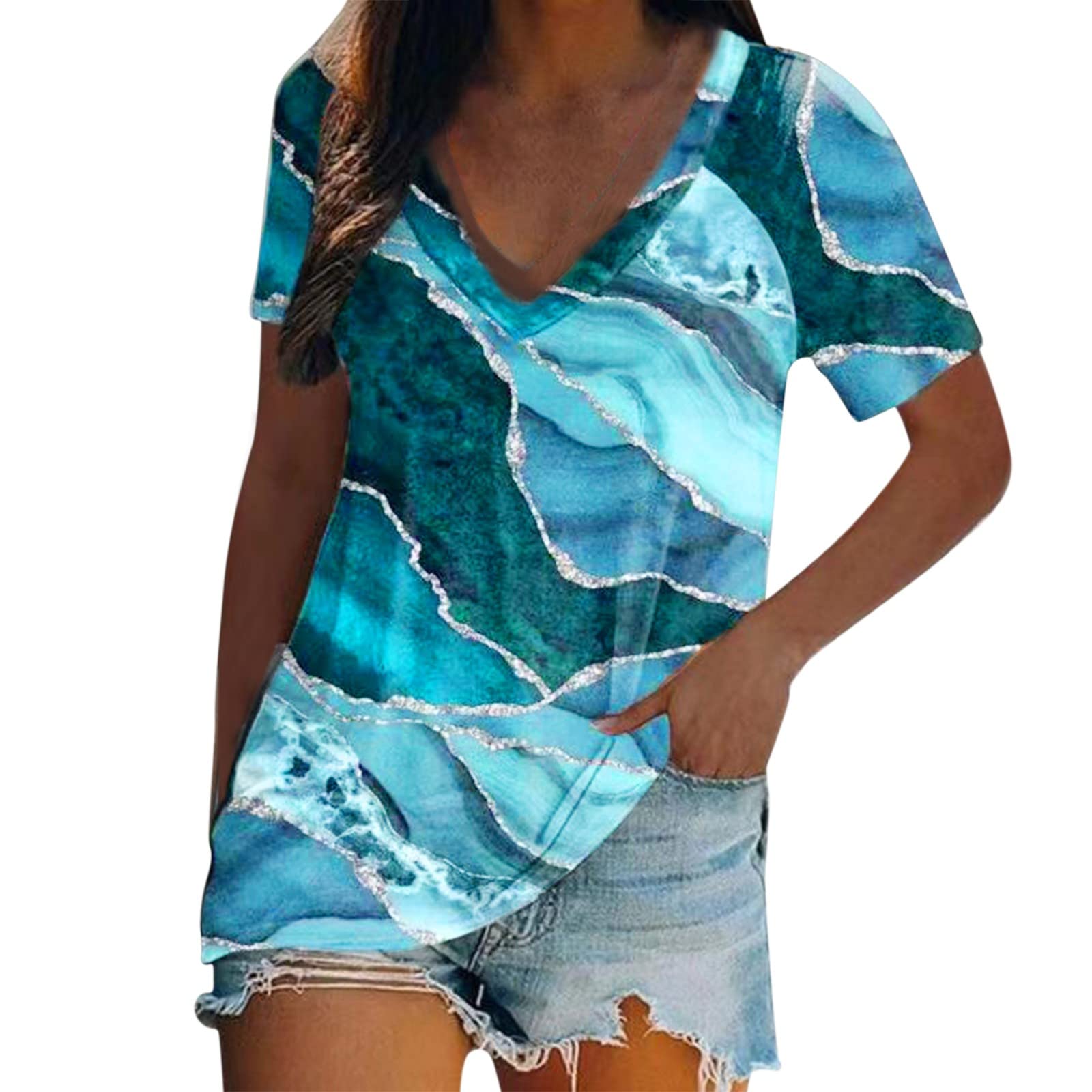 Oversized V-Neck Tie-Dye Printed T-Shirt for Women - Short Sleeve Summer Casual Tee (Green, Medium) | Perfect for Beach Outings, Music Festivals & Everyday Wear