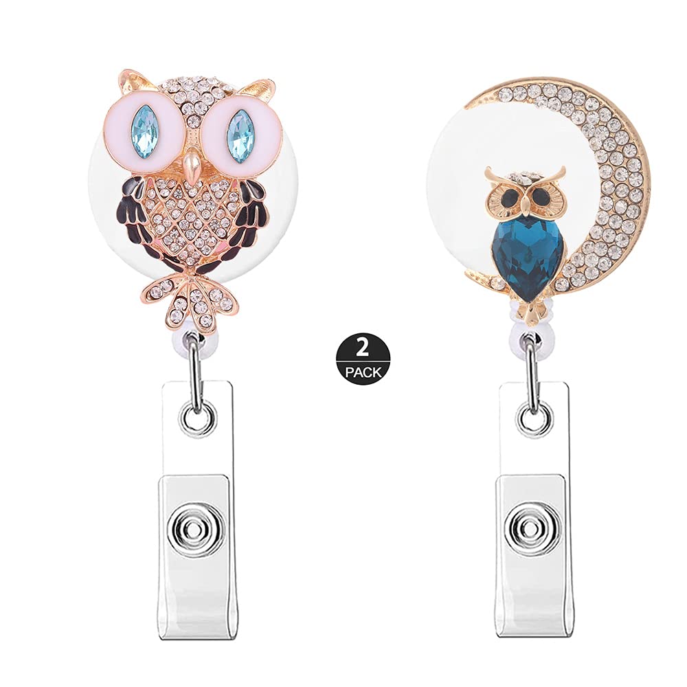 ZOSTLAND 2-Pack Owl & Moon Badge Reels with Rhinestones - Retractable ID Holder for Nurses, Office Work, Teachers - 28 Inch Cord & Metal Clip (Cute Cartoon Design) - Perfect for Hospitals, Schools & Conventions
