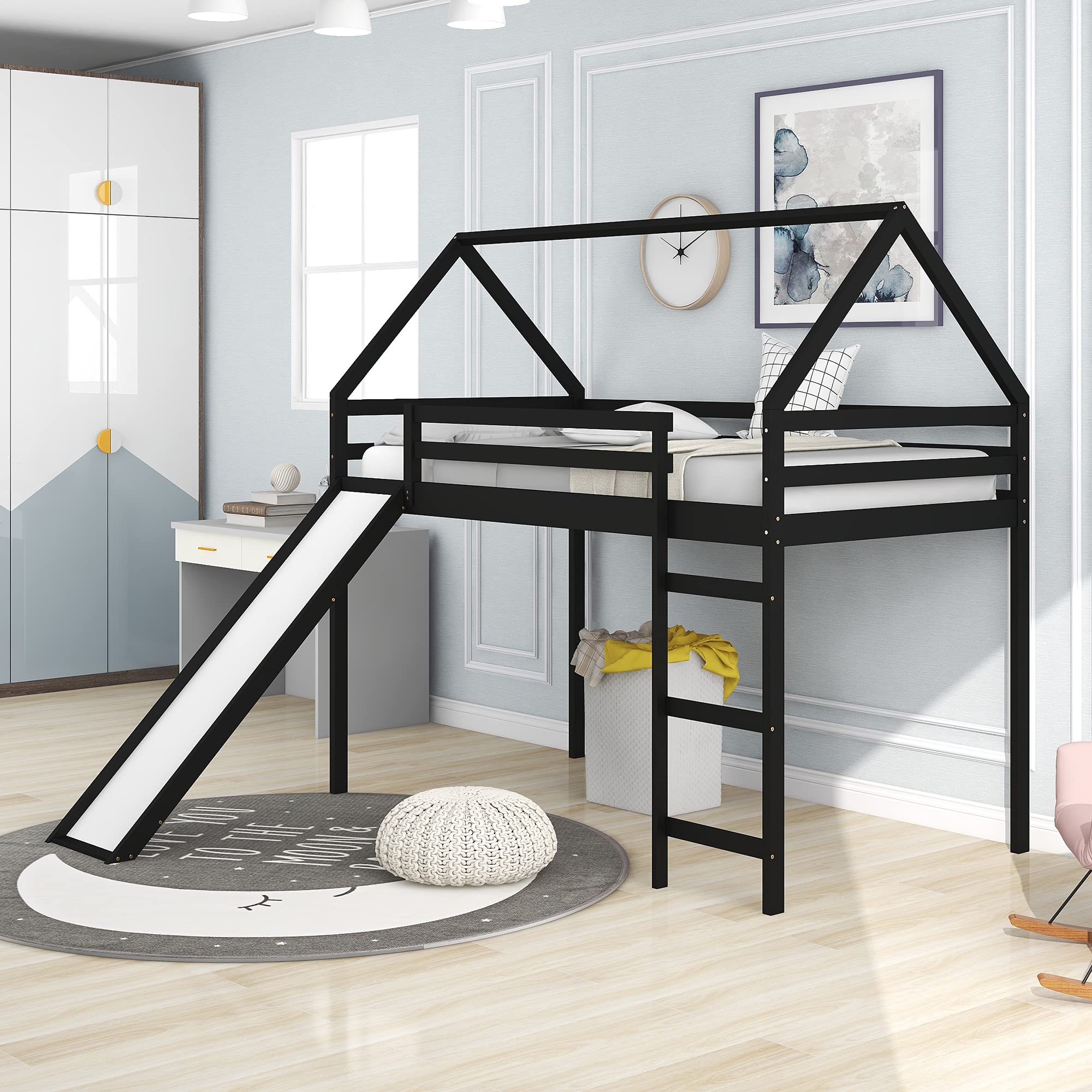 Twin Size Loft Bed with Slide - Kids Wooden House Bed Frame with Ladder & Roof - Space Saving Tent Bed No Box Spring Needed (Espresso) - Perfect for Small Bedrooms, Playrooms & Kids' Sleepovers