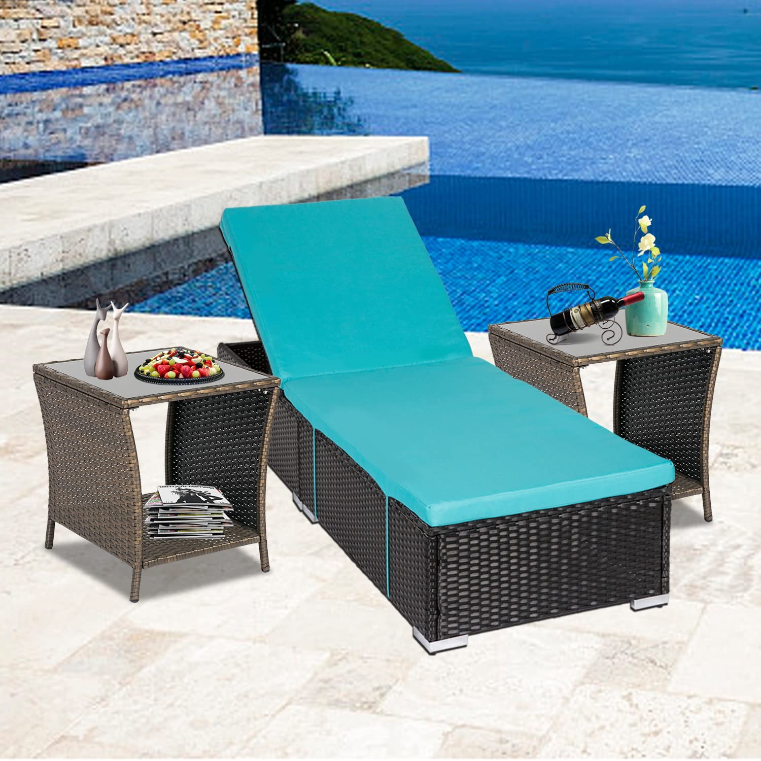 Kinbor Outdoor Side Table Set of 2 - Wicker Patio Side Tables with Storage Shelf & Tempered Glass Top for Easy Cleaning, Dark Blonde - Perfect for Poolside, Garden, Patio, and Balcony Furniture