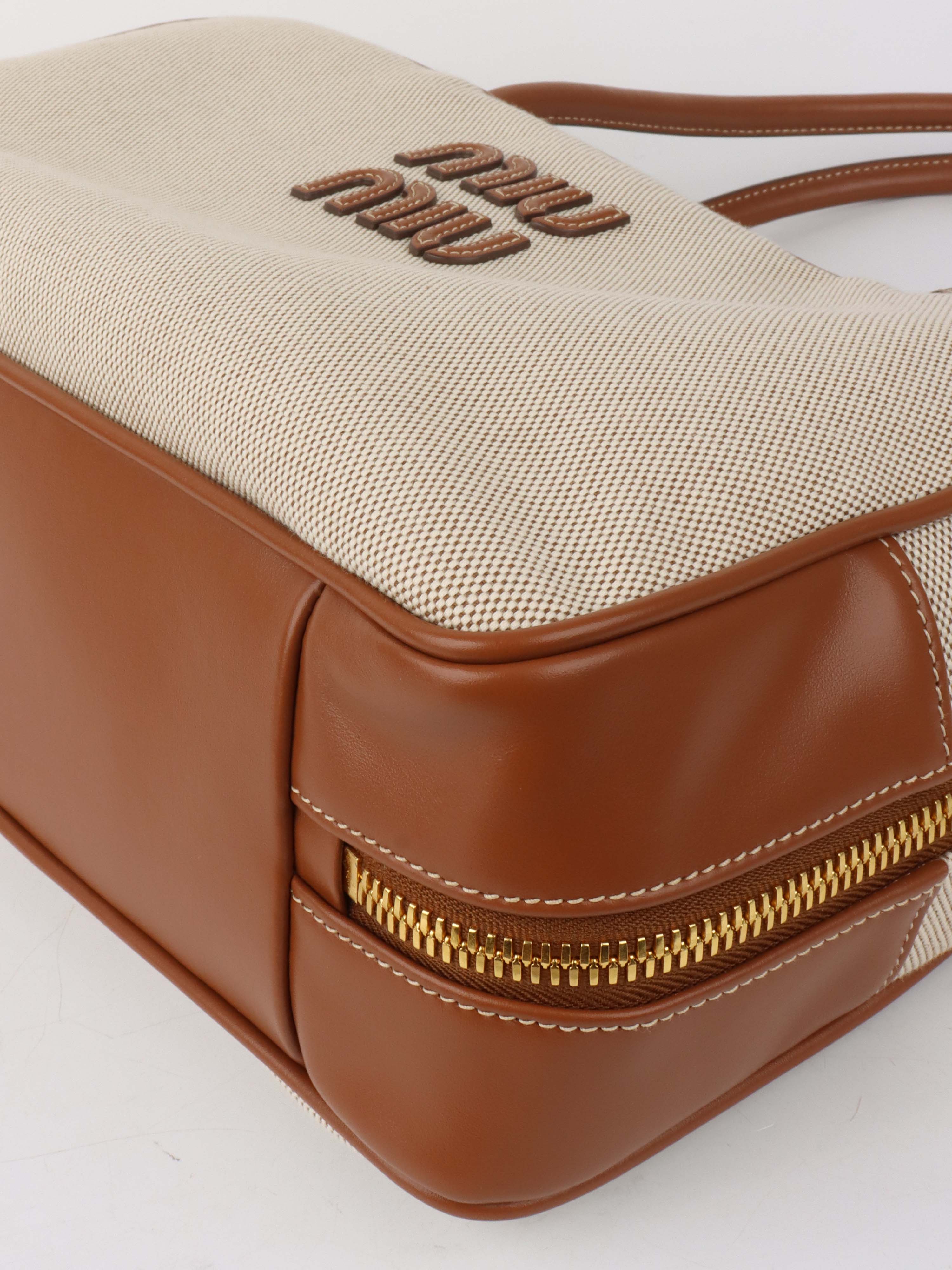 Miu Miu Beau Canvas & Leather Tote Bag for Women - Stylish Designer Handbag for Work, Travel & Everyday Use