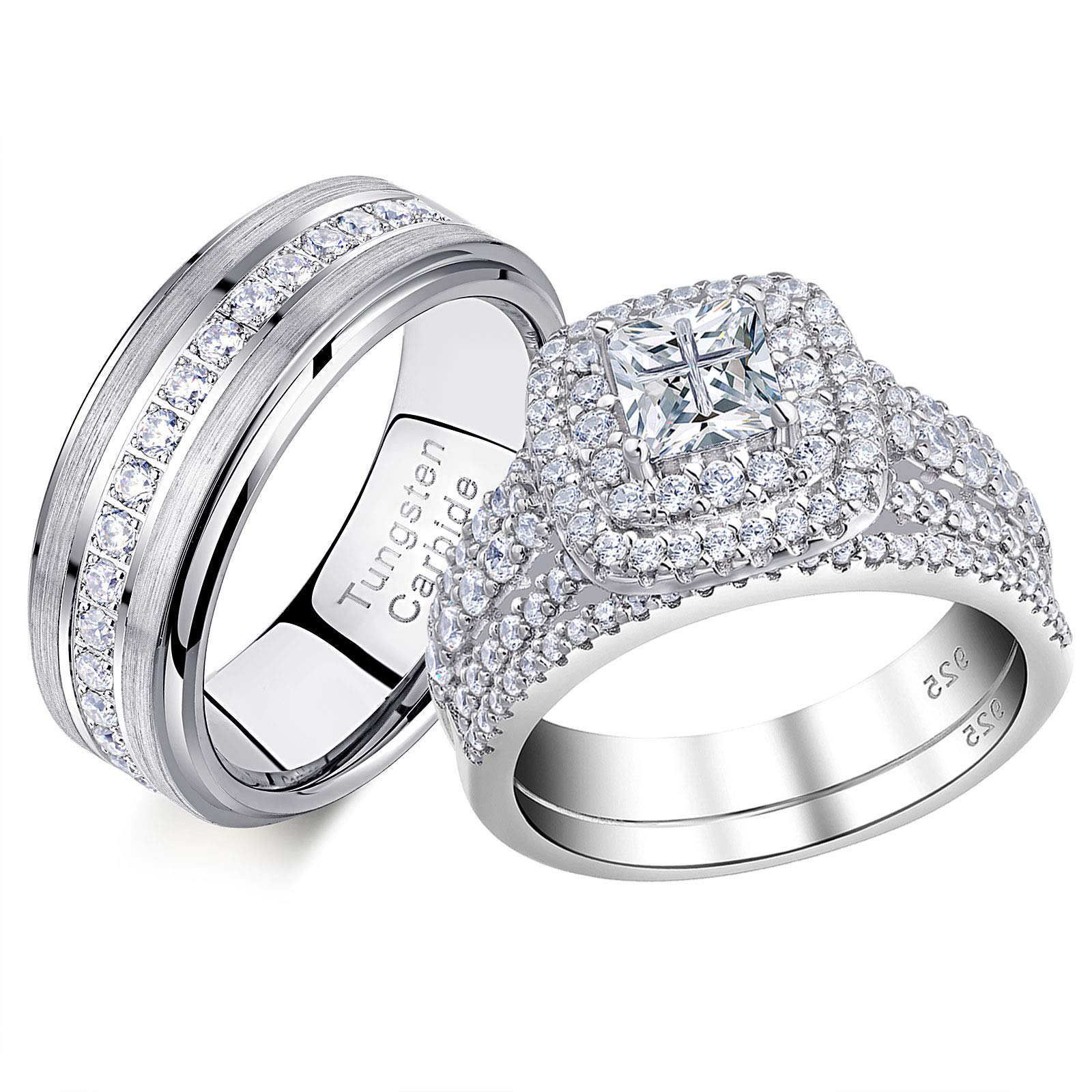 Premium Tungsten Wedding Rings Set for Him & Her - 2.3Ct AAAAA CZ Princess Cross Design in 925 Sterling Silver (Sizes 5-13) | Perfect for Anniversaries, Engagements & Couple Jewelry Gifts