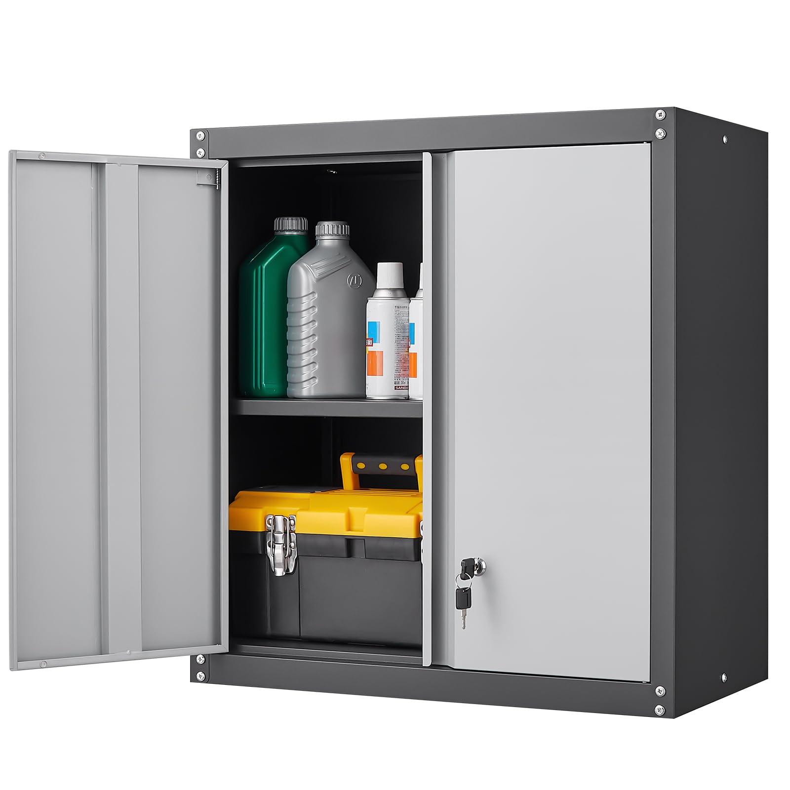 GREATMEET Lockable Metal Wall Storage Cabinet with 1 Adjustable Shelf & 2 Doors - Heavy Duty Steel Cabinet for Garage, Office, Home Organization (Grey & Black) - Perfect for Tools, Documents & Household Storage