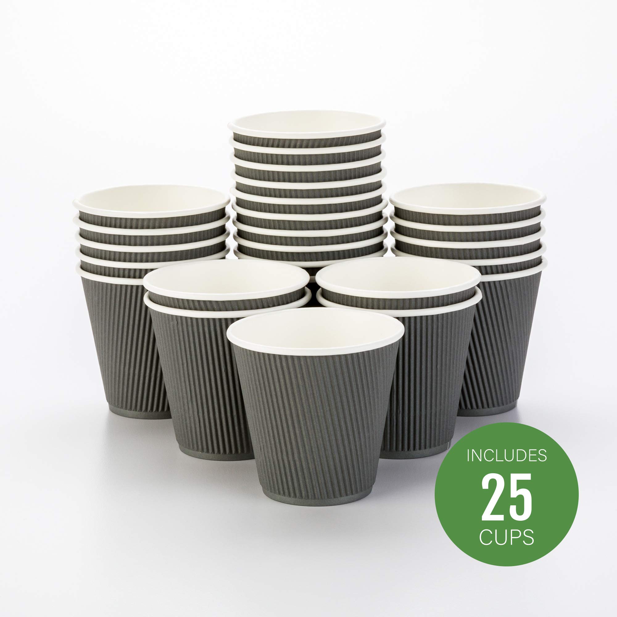 8 oz Double Wall Disposable Coffee Cups (25 Pack) - Insulated Gray Paper Hot Cups with Rippled Design for Coffee, Tea, Hot Chocolate - Lids Sold Separately - Perfect for Cafes, Offices & Home Use