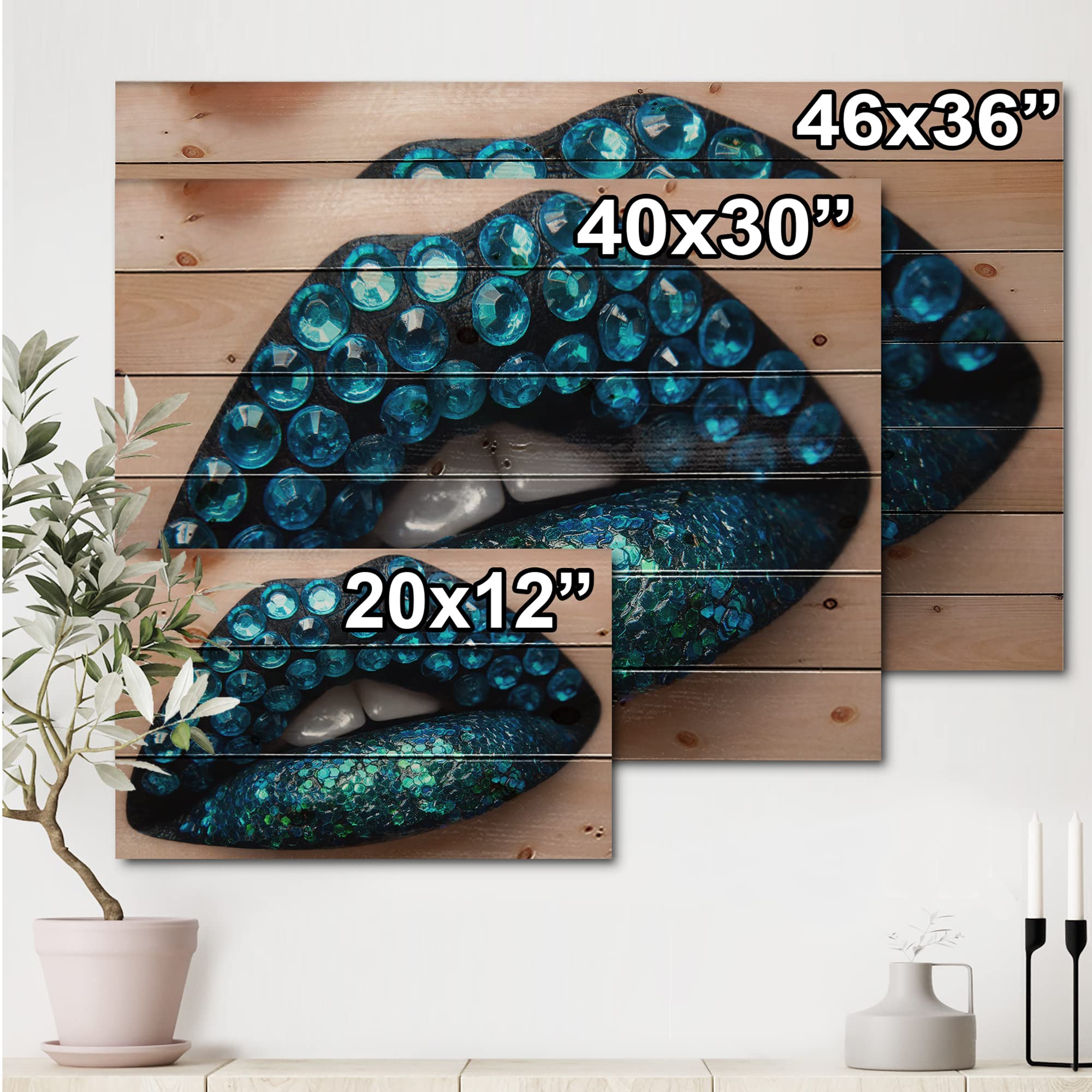 Blue Diamond Lips Wood Wall Art - Modern Black Lipstick Decor for Living Room