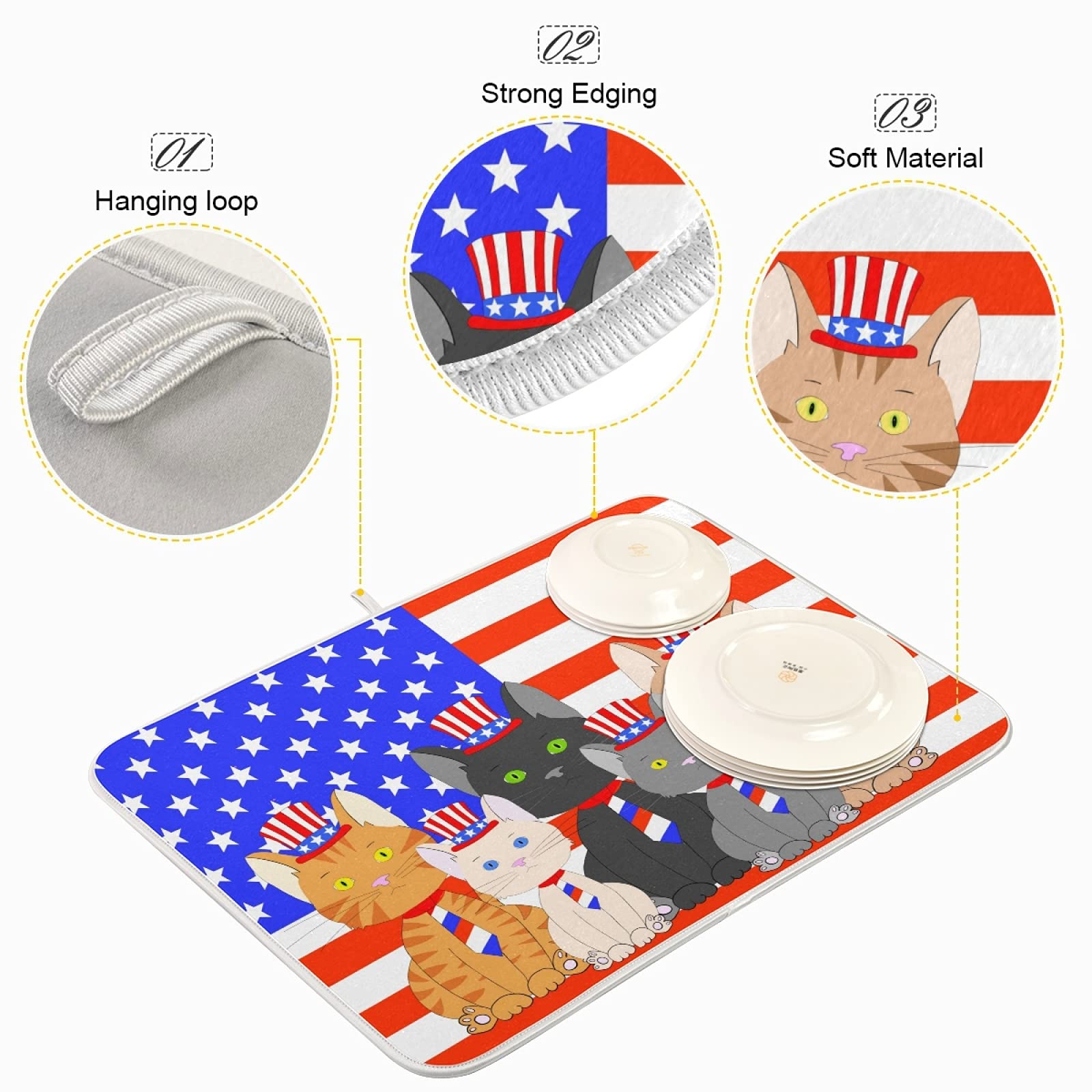 Susiyo Patriotic Flag Kittens Cats Dish Drying Mat - 18x24 Inch Absorbent Kitchen Countertop Drainer Pad for Dishes, Cups, and Utensils