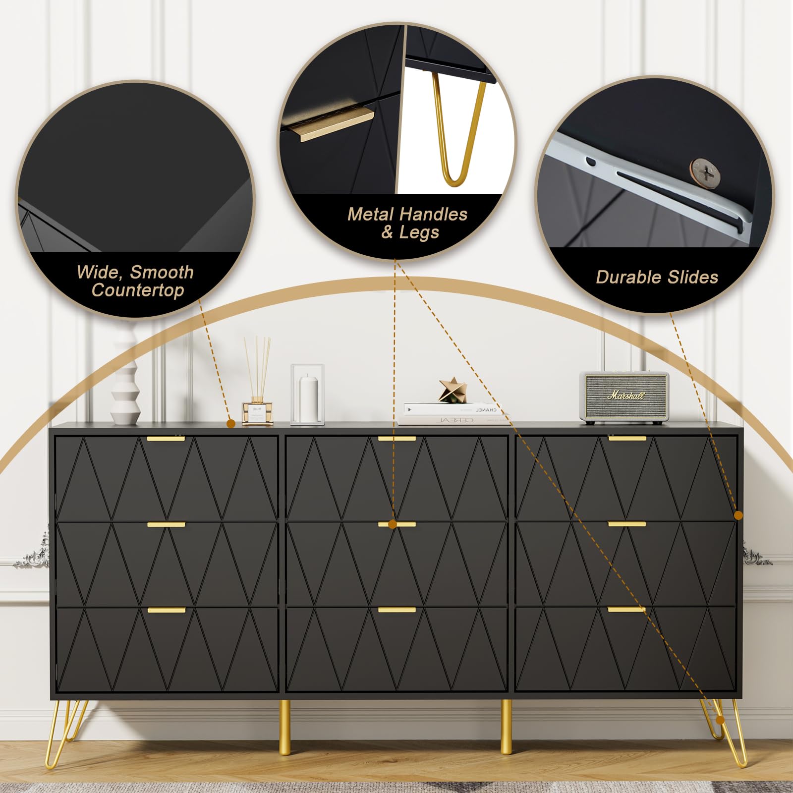 Anbuy 9-Drawer Dresser and Nightstand Set for Bedroom - 3-Piece Furniture Combo with 2 Nightstands & 9-Drawer Chest (Black) - Perfect for Master Bedroom, Guest Room, and Apartment Storage Solutions