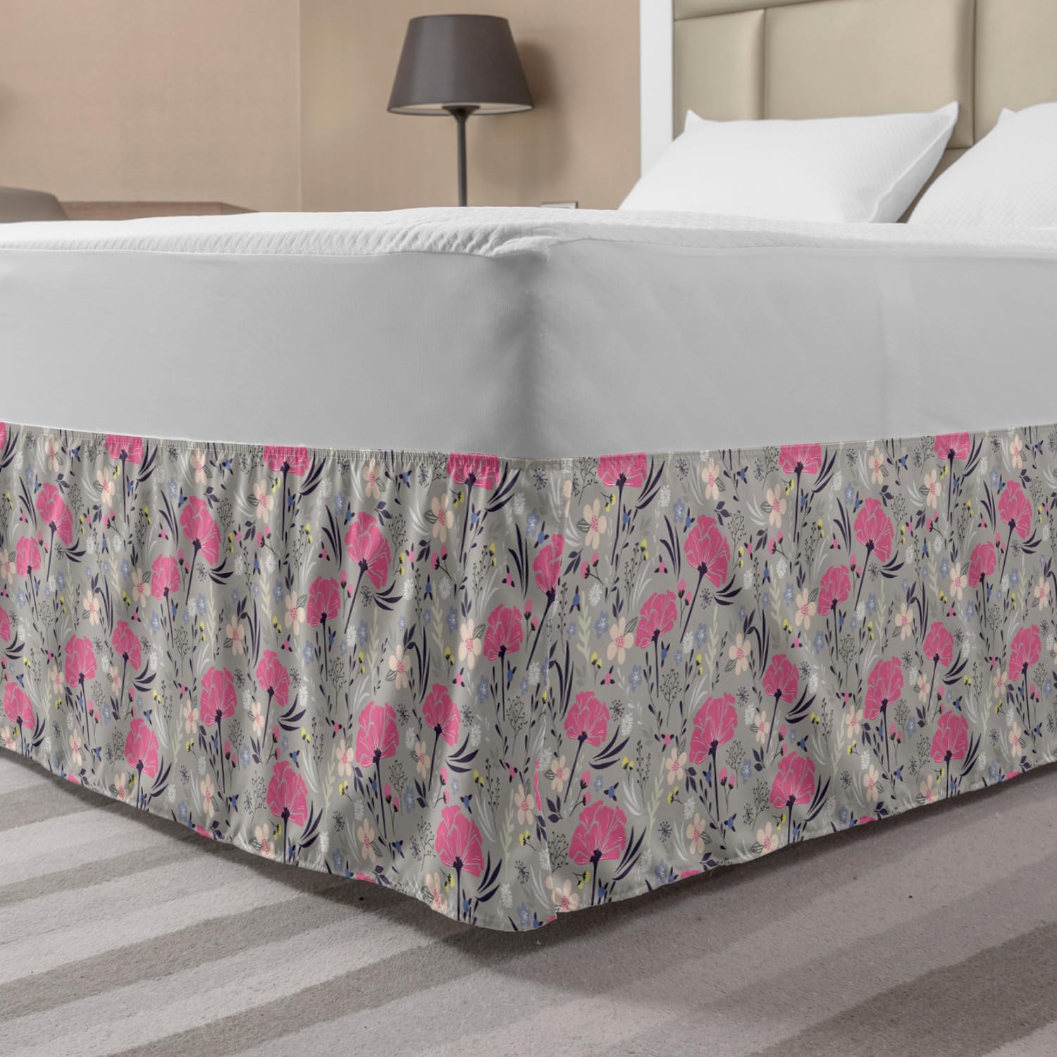 Ambesonne Floral Bed Skirt - Dandelion & Gillyflower Pattern on Grey Background, Elastic Wrap Around Dust Ruffle for King Size Beds | Perfect for Bedroom Decor, Guest Rooms & Luxury Hotel Styling