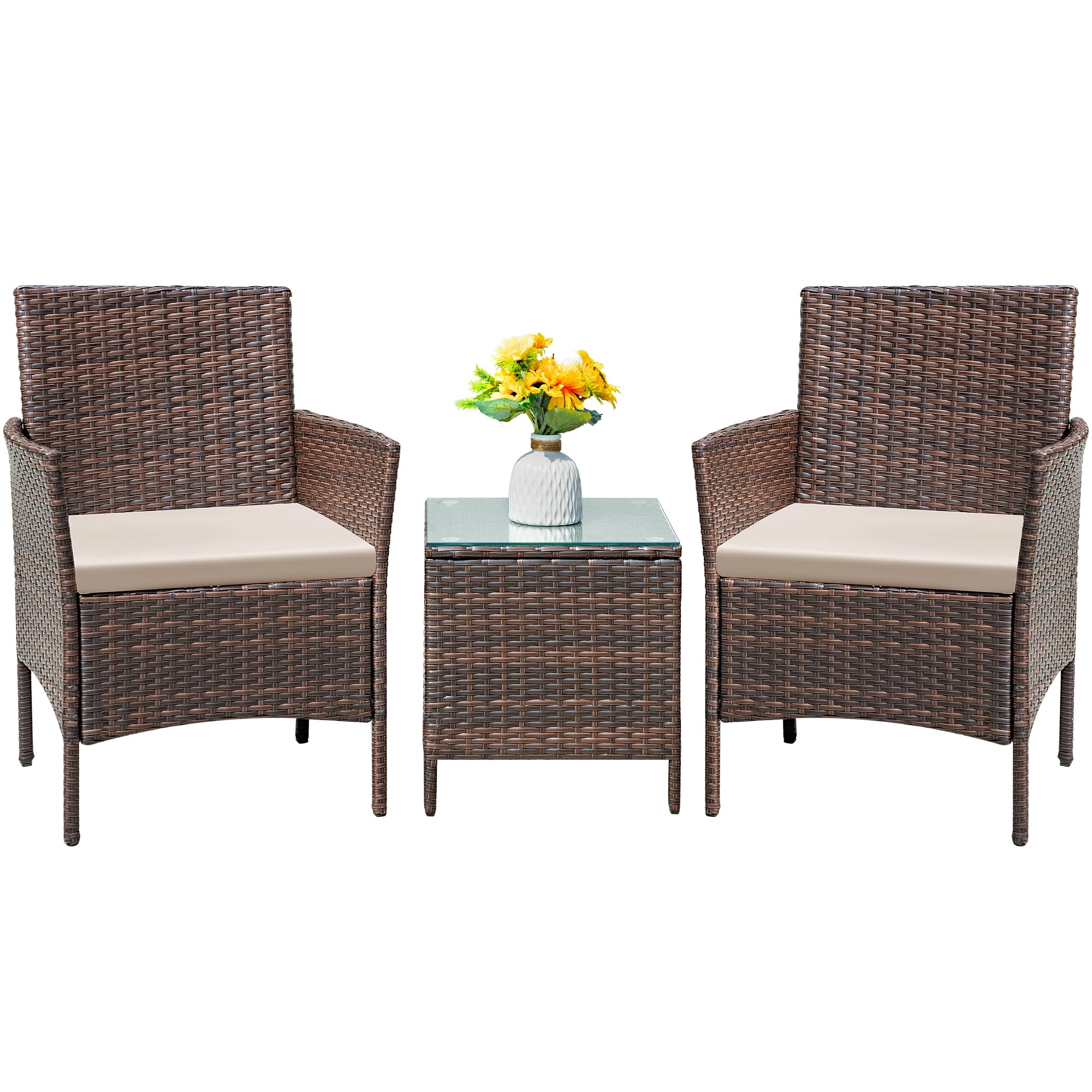 Flamaker 3-Piece All-Weather Rattan Patio Furniture Set with Tempered Glass Table - Outdoor Bistro Chairs for Porch, Balcony, Garden (Brown/Cream) - Perfect for Relaxing, Entertaining & Outdoor Dining