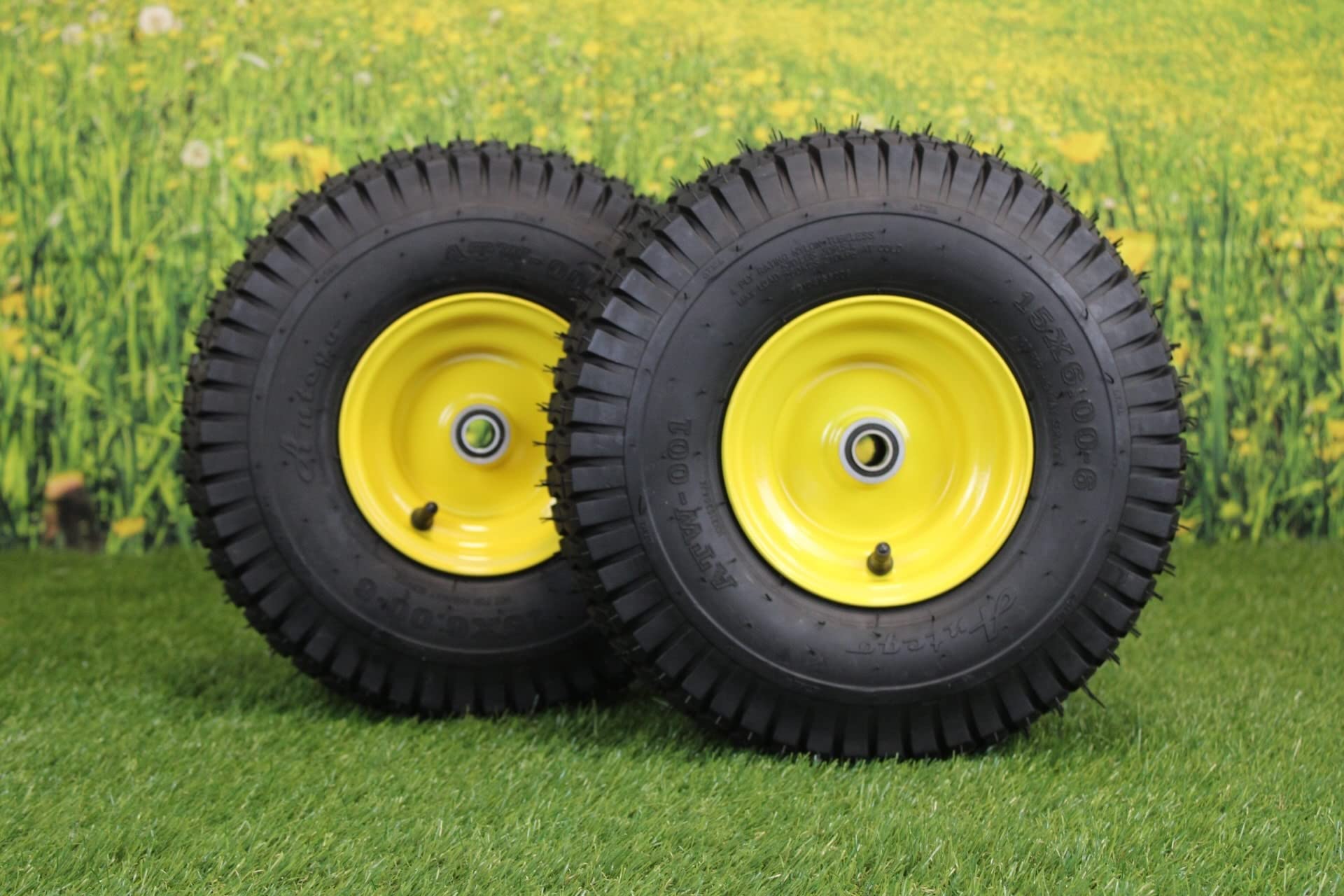Antego 15x6.00-6NHS Lawn Mower Tires with Wheel Assemblies - Set of 2, Fits John Deere Mowers, Heavy Duty Replacement Tires with Precision Ball Bearings for Smooth Riding - Perfect for Lawn Care, Landscaping and Garden Maintenance