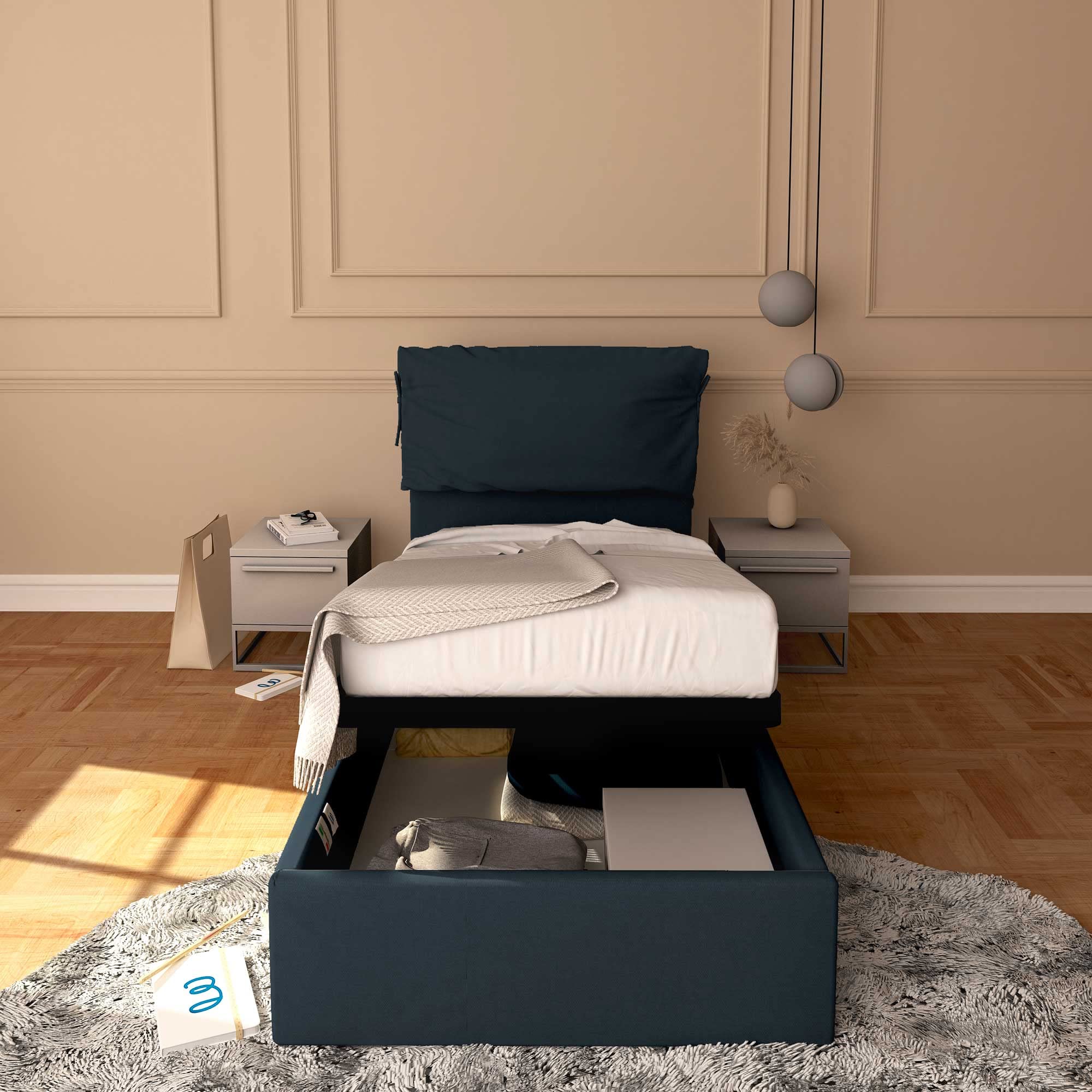 Baldiflex Single Bed with Storage - Licia Soft Synthetic Leather, Slatted Base for Single Mattress, 90 x 190 cm, Padded Headboard, Night Blue - Perfect for Small Bedrooms, Guest Rooms & Studio Apartments