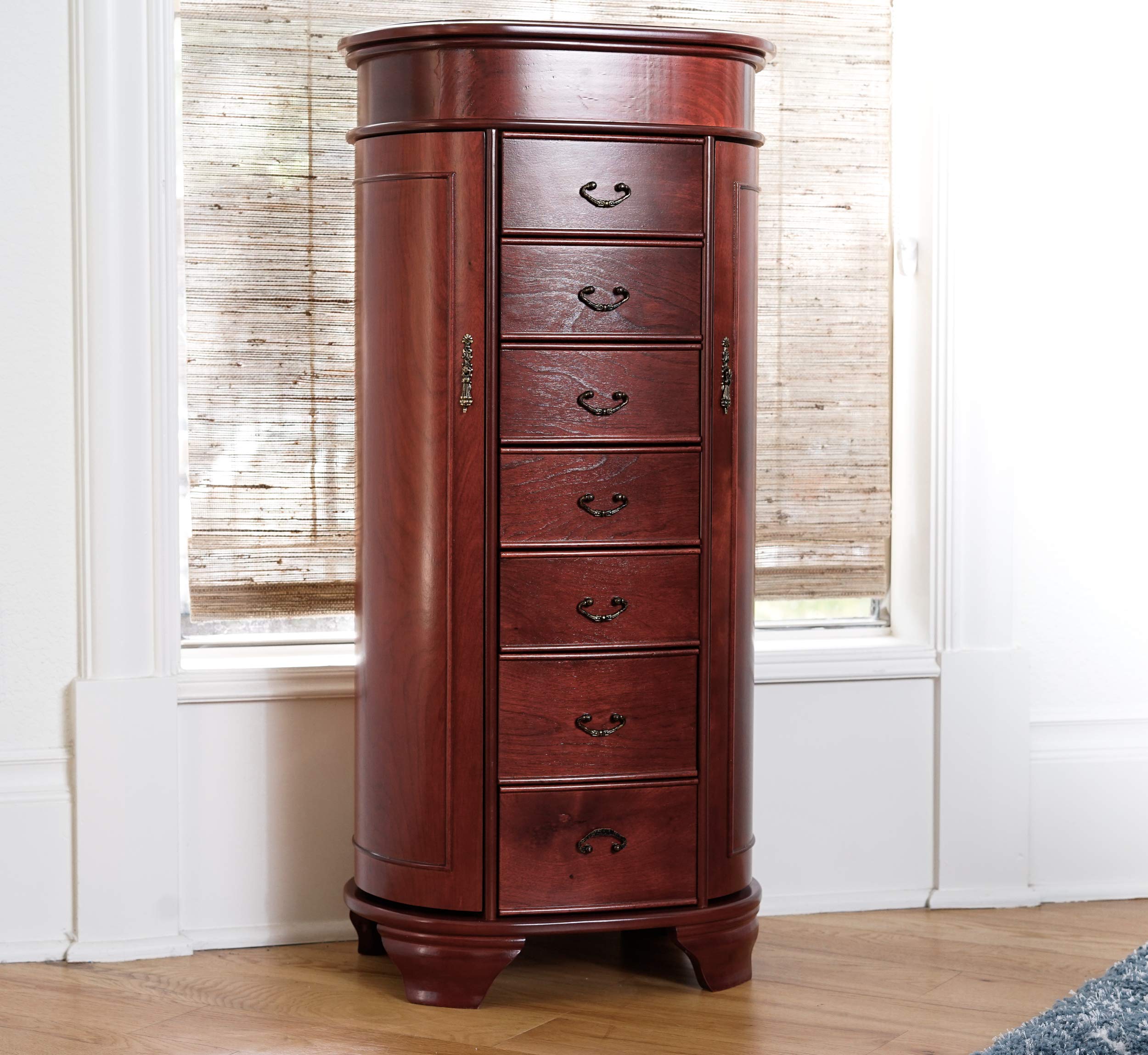 Daley Oval Jewelry Armoire - Stylish Cherry Wood Jewelry Box with Mirror & Drawers for Necklace, Ring & Earring Storage - Perfect for Bedroom Vanity, Closet Organization & Gift Giving